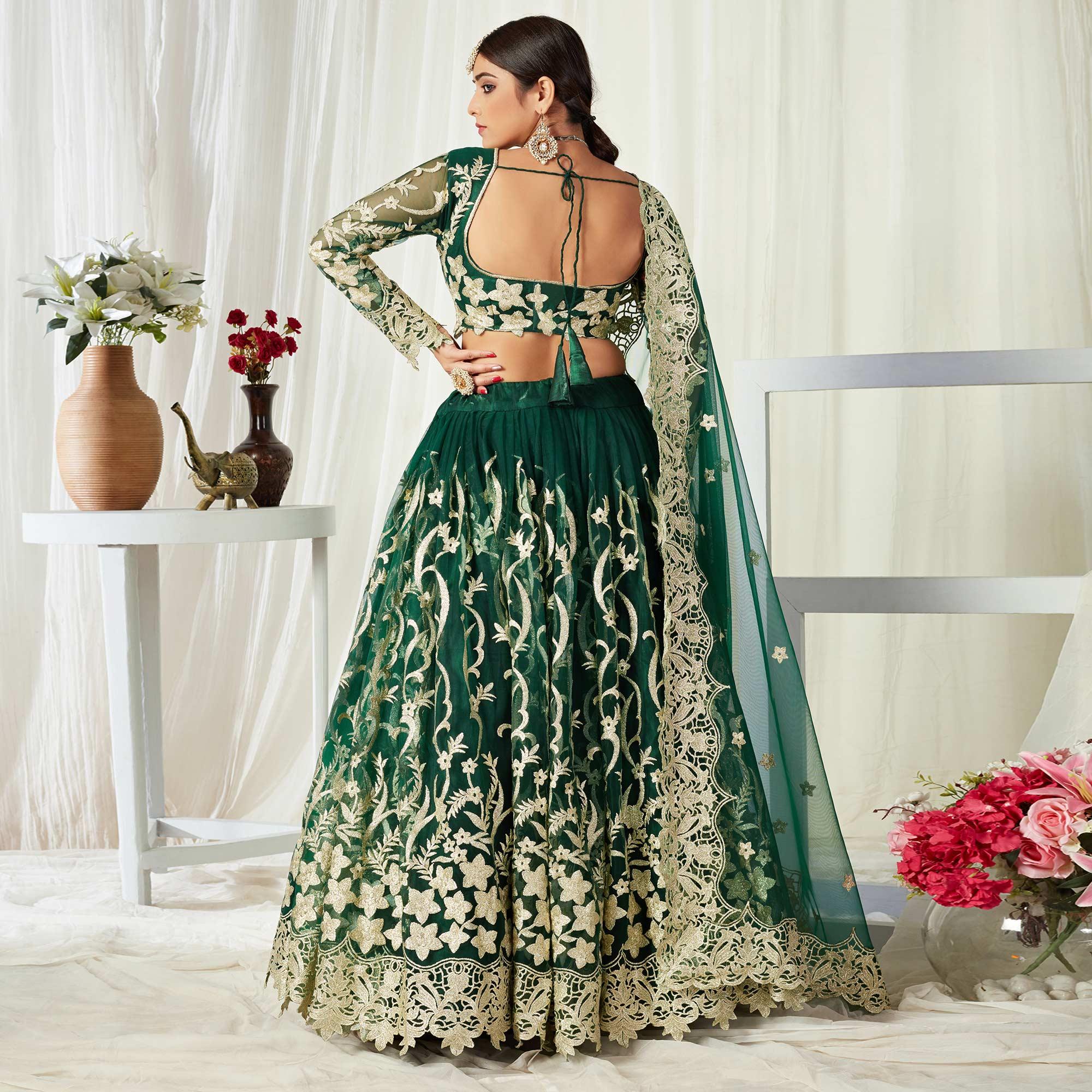 Groovy Dark Green Colored Wedding Wear Butterfly Net With Embroidered Lehenga Choli - Peachmode