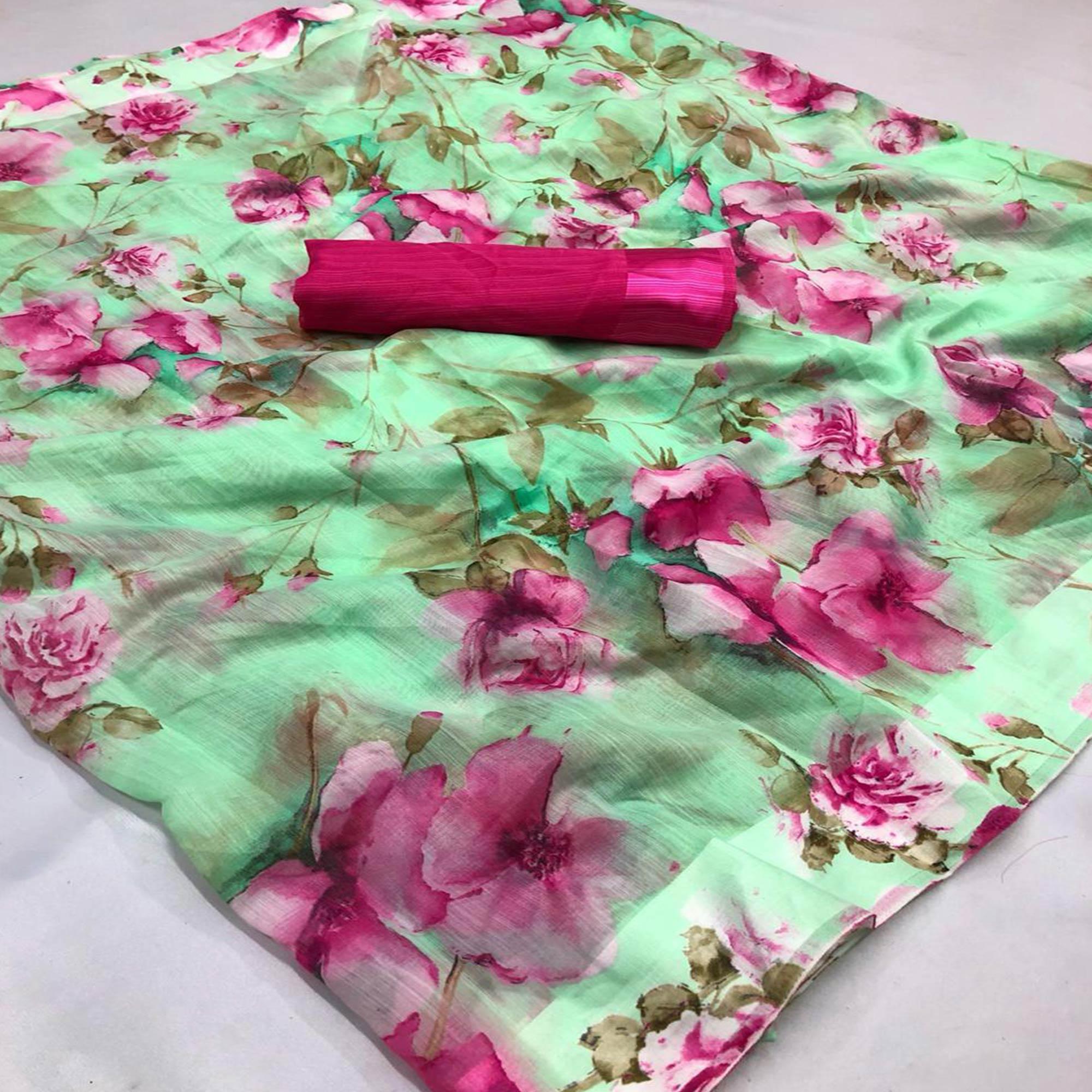 Groovy Green Colored Casual Wear Floral Printed Linen Saree - Peachmode