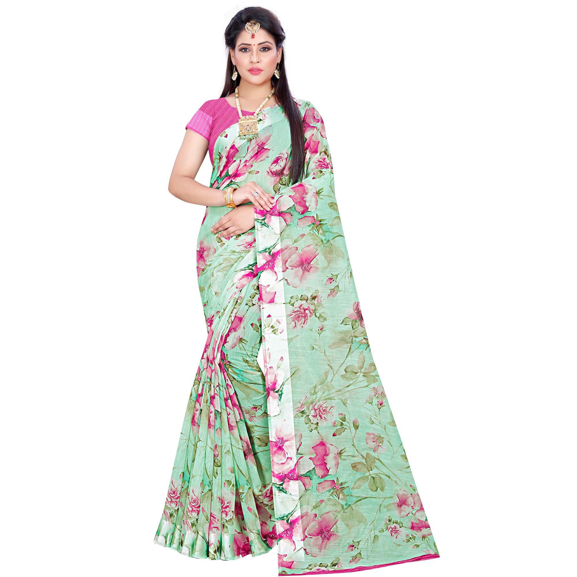 Groovy Green Colored Casual Wear Floral Printed Linen Saree - Peachmode