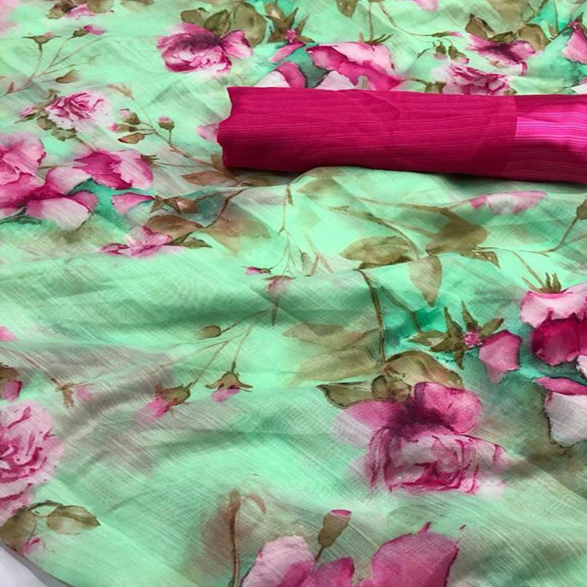 Groovy Green Colored Casual Wear Floral Printed Linen Saree - Peachmode