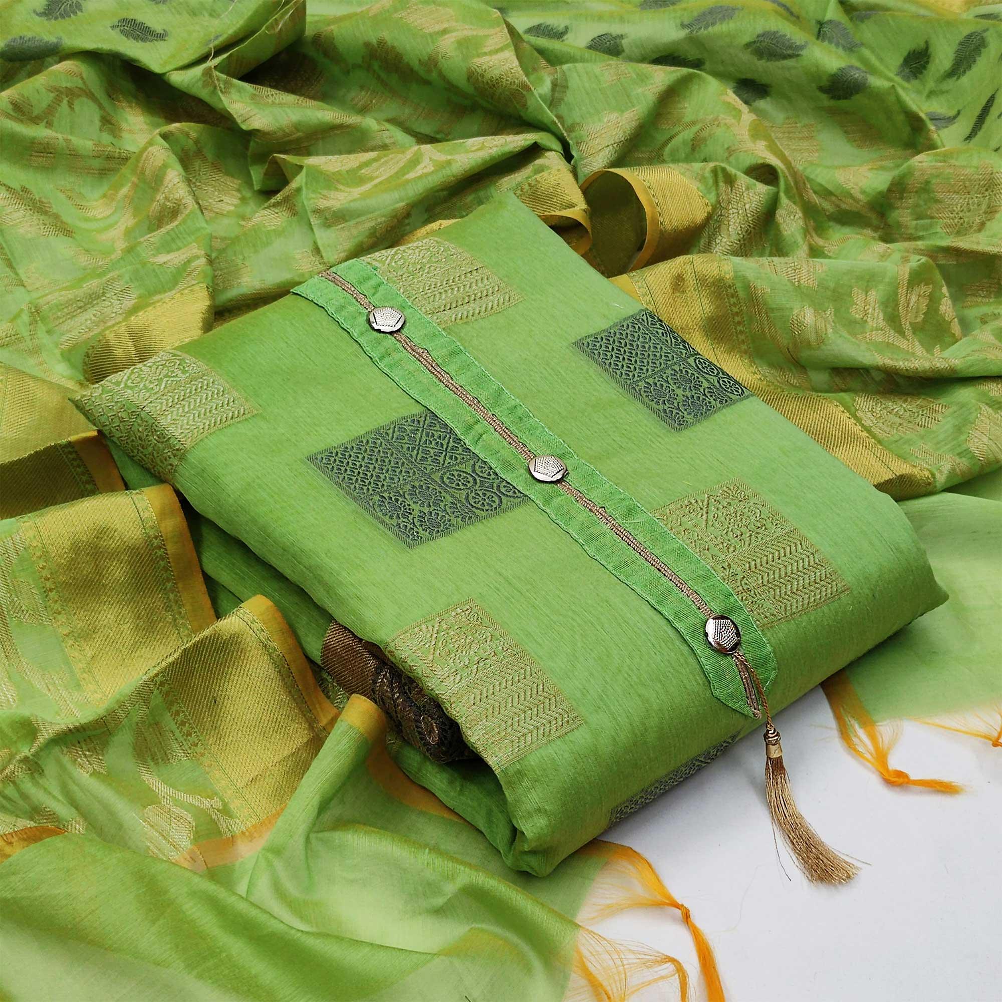 Groovy Green Colored Casual Wear Woven Banarasi Jacquard Dress Material - Peachmode