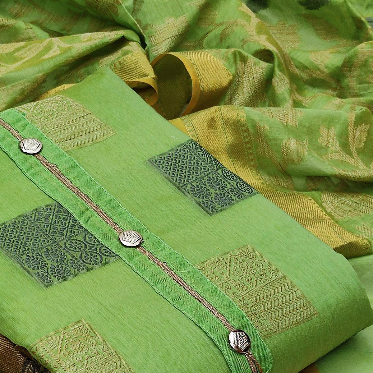 Groovy Green Colored Casual Wear Woven Banarasi Jacquard Dress Material - Peachmode