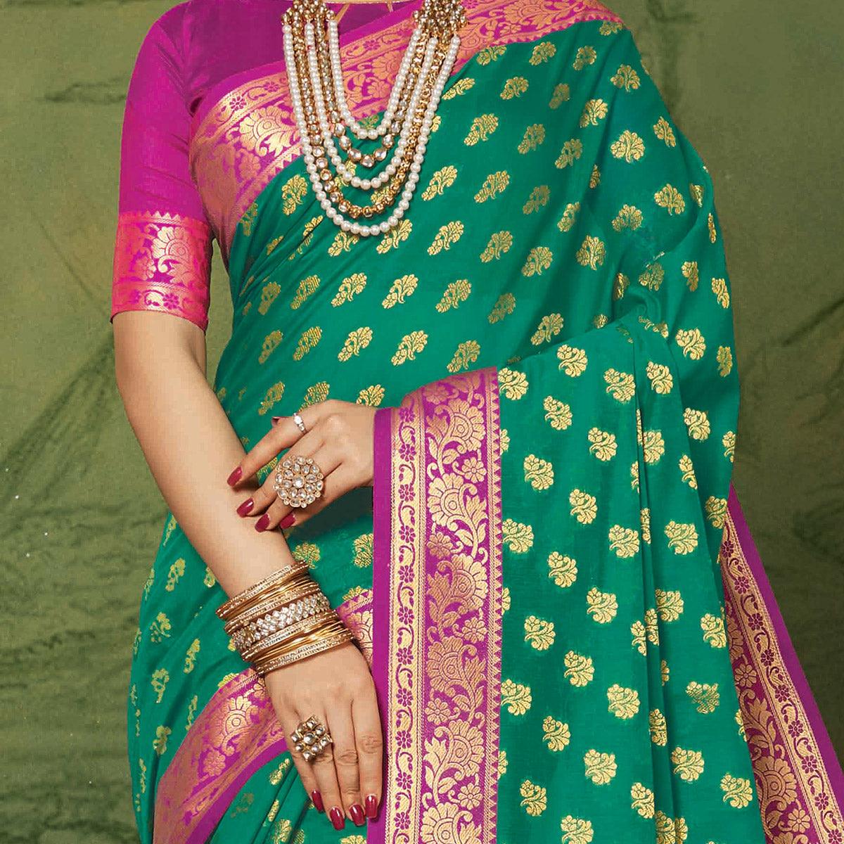 Groovy Green Colored Festive Wear Woven Handloom Silk Saree - Peachmode