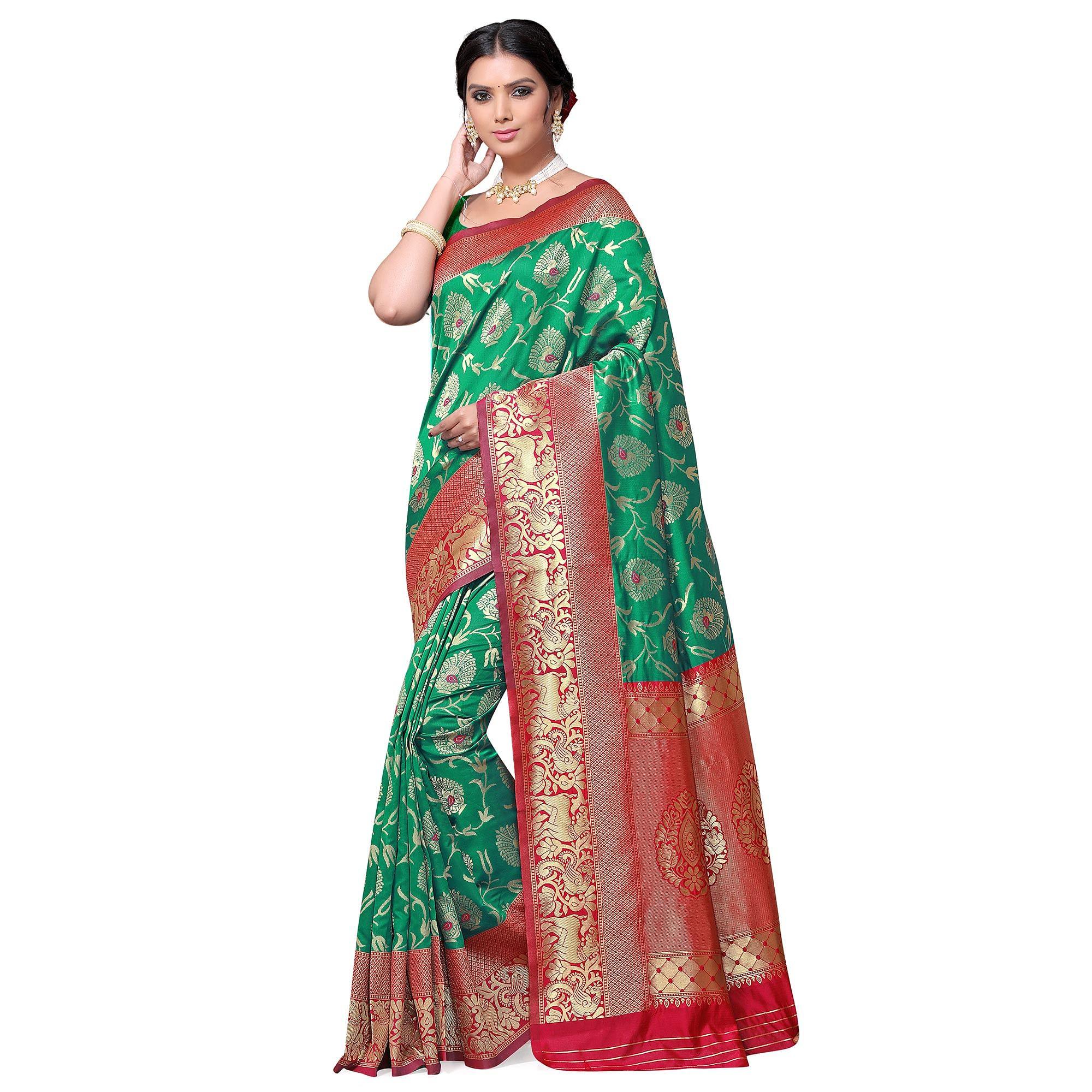 Groovy Green Colored Festive Wear woven Kota Lichi Banarasi Silk Saree - Peachmode