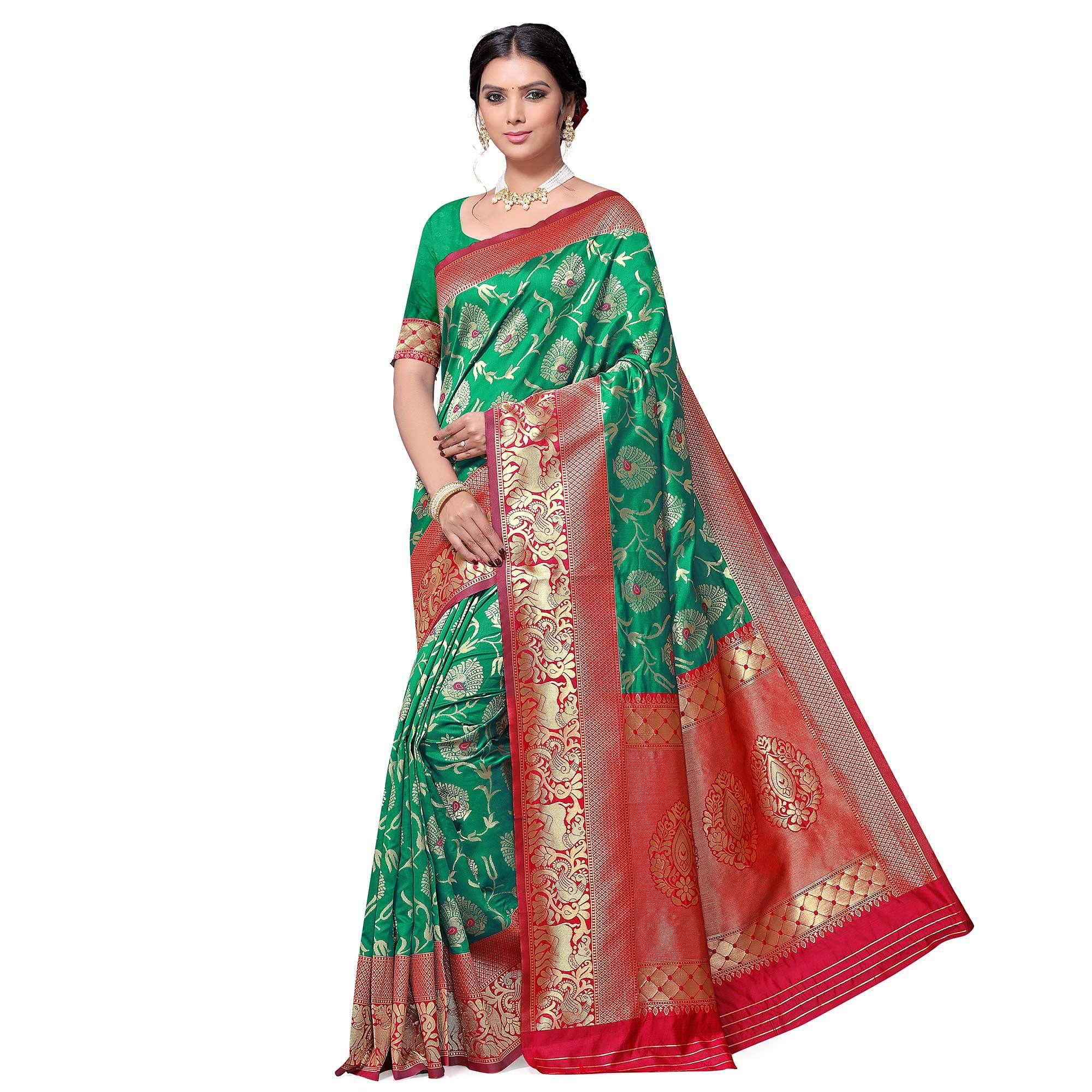 Groovy Green Colored Festive Wear woven Kota Lichi Banarasi Silk Saree - Peachmode
