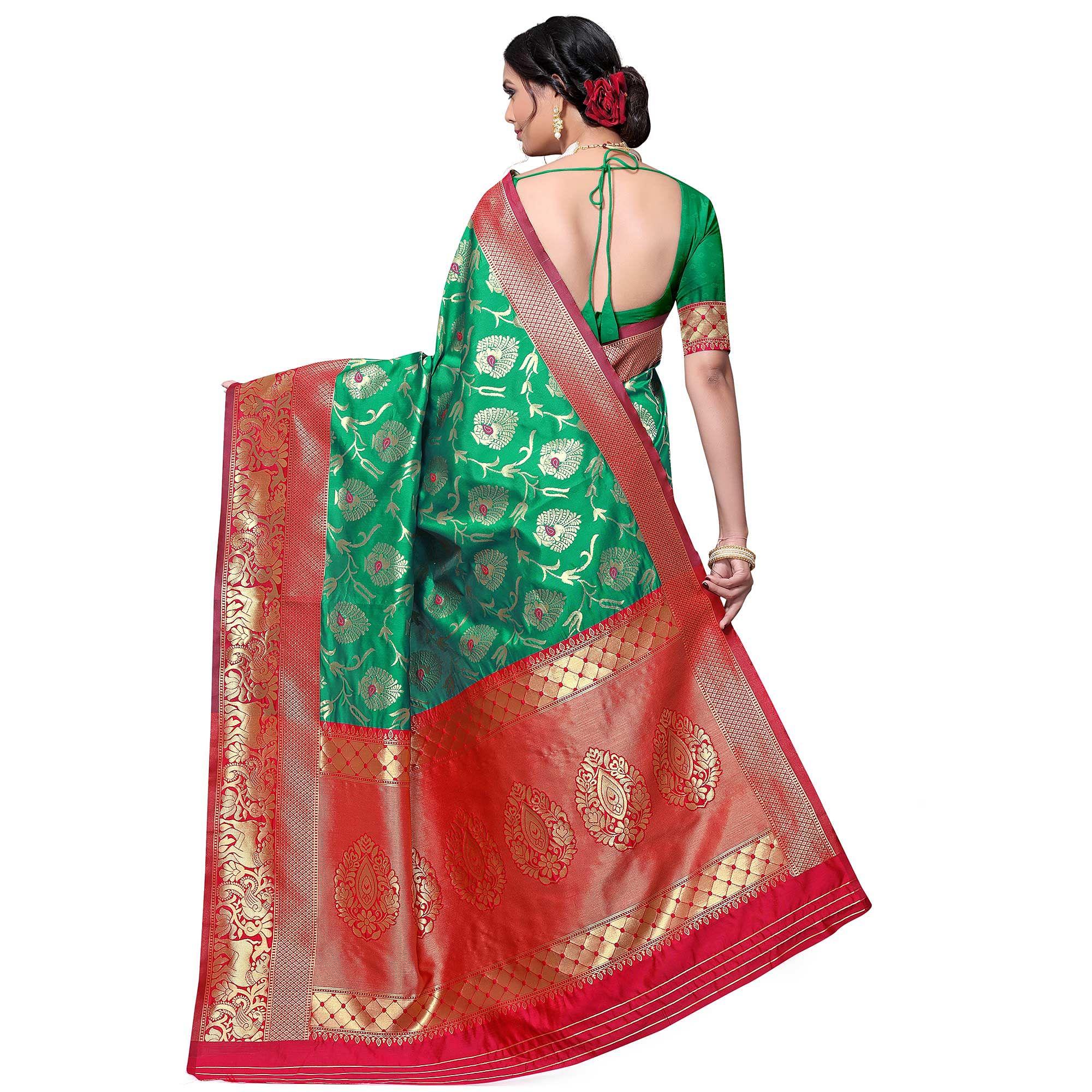 Groovy Green Colored Festive Wear woven Kota Lichi Banarasi Silk Saree - Peachmode