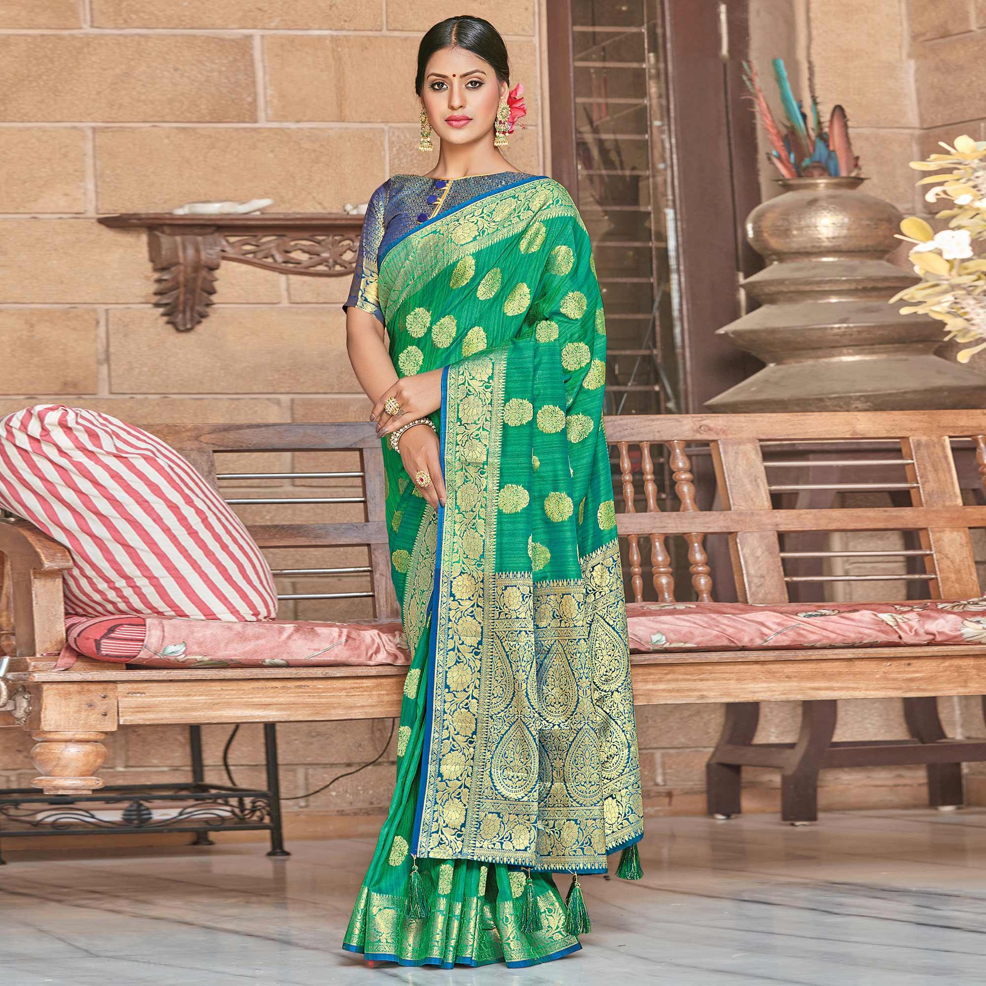 Groovy Green Colored Festive Wear Woven Silk Saree - Peachmode