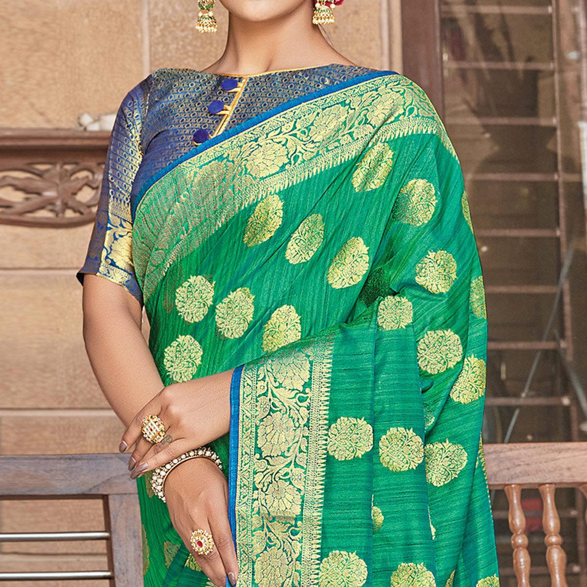 Groovy Green Colored Festive Wear Woven Silk Saree - Peachmode