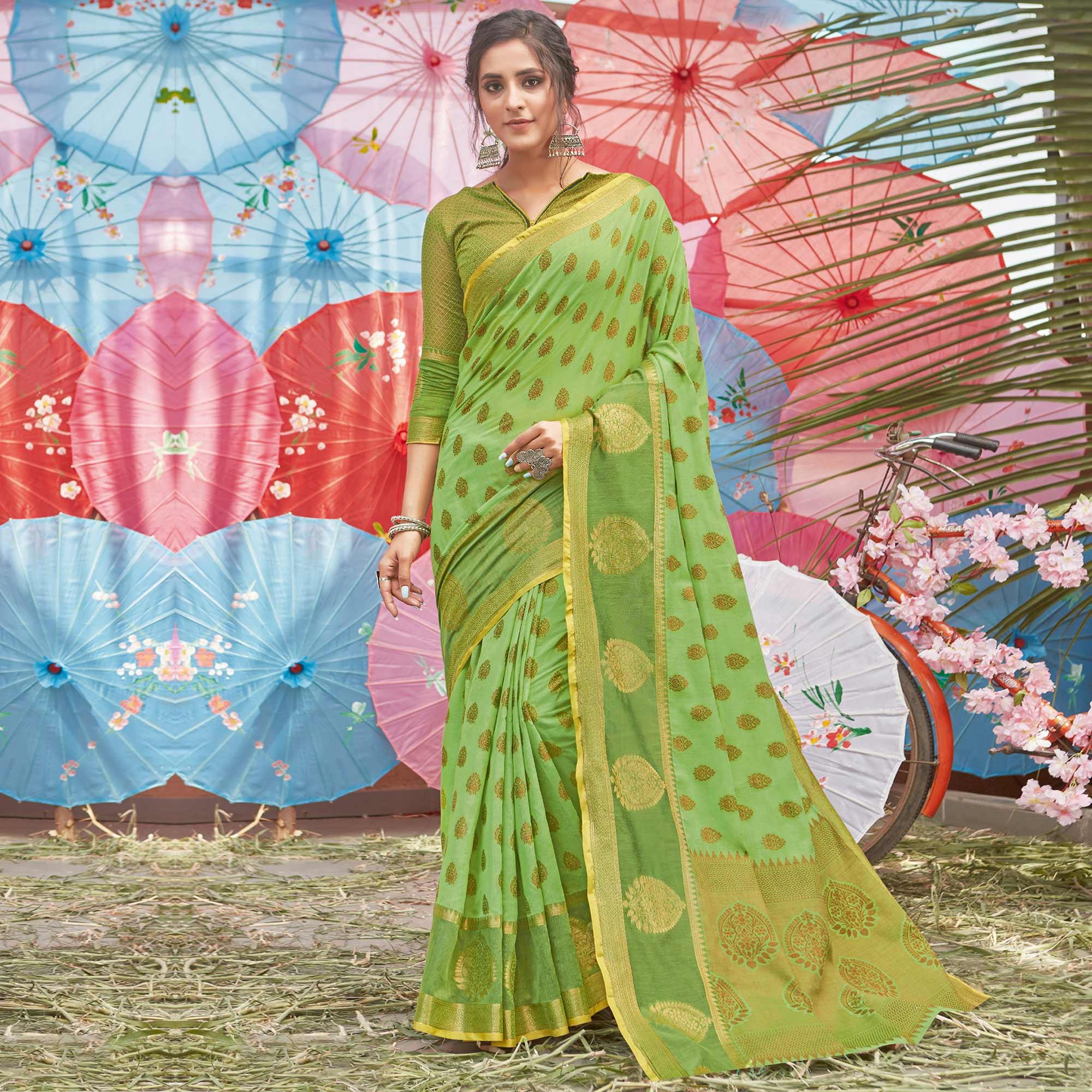 Groovy Green Coloured Festive Wear Woven Cotton Handloom Saree - Peachmode