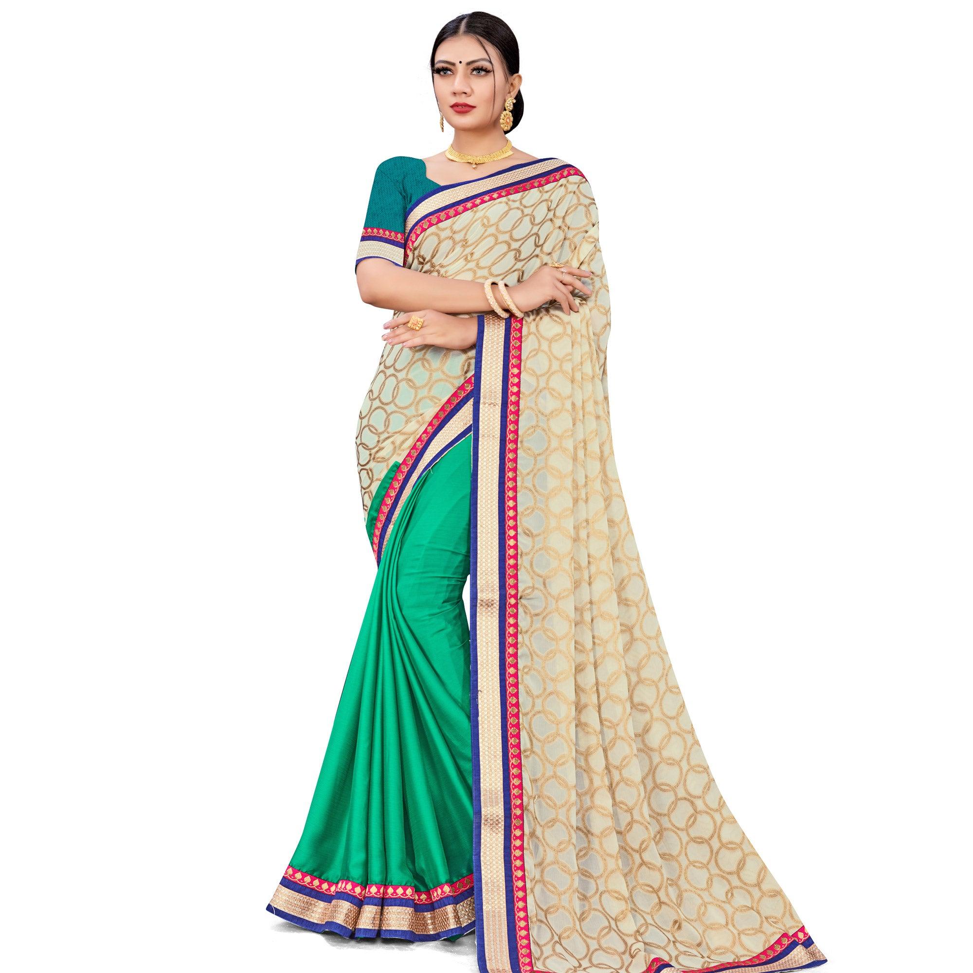 Groovy Green-Cream Colored party Wear Georgette Half-Half Saree - Peachmode