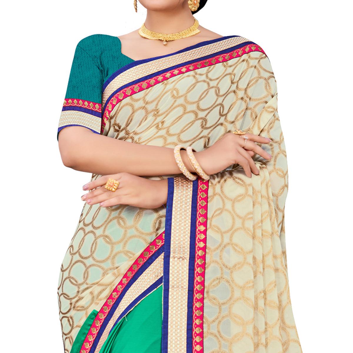 Groovy Green-Cream Colored party Wear Georgette Half-Half Saree - Peachmode