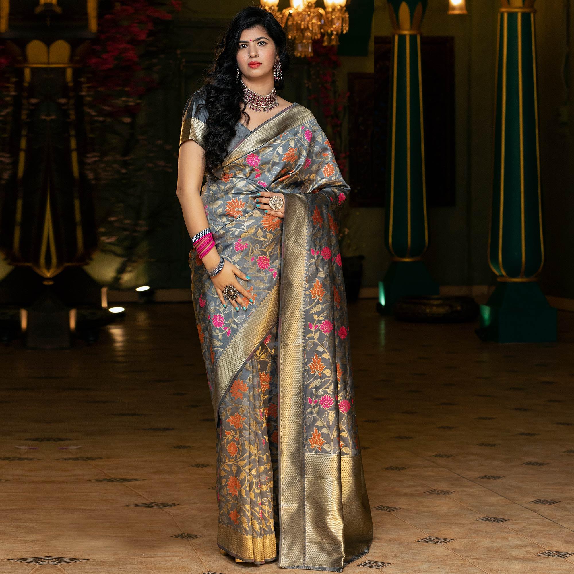 Groovy Grey Coloured Embroidered Partywear Banarasi Silk Saree - Peachmode