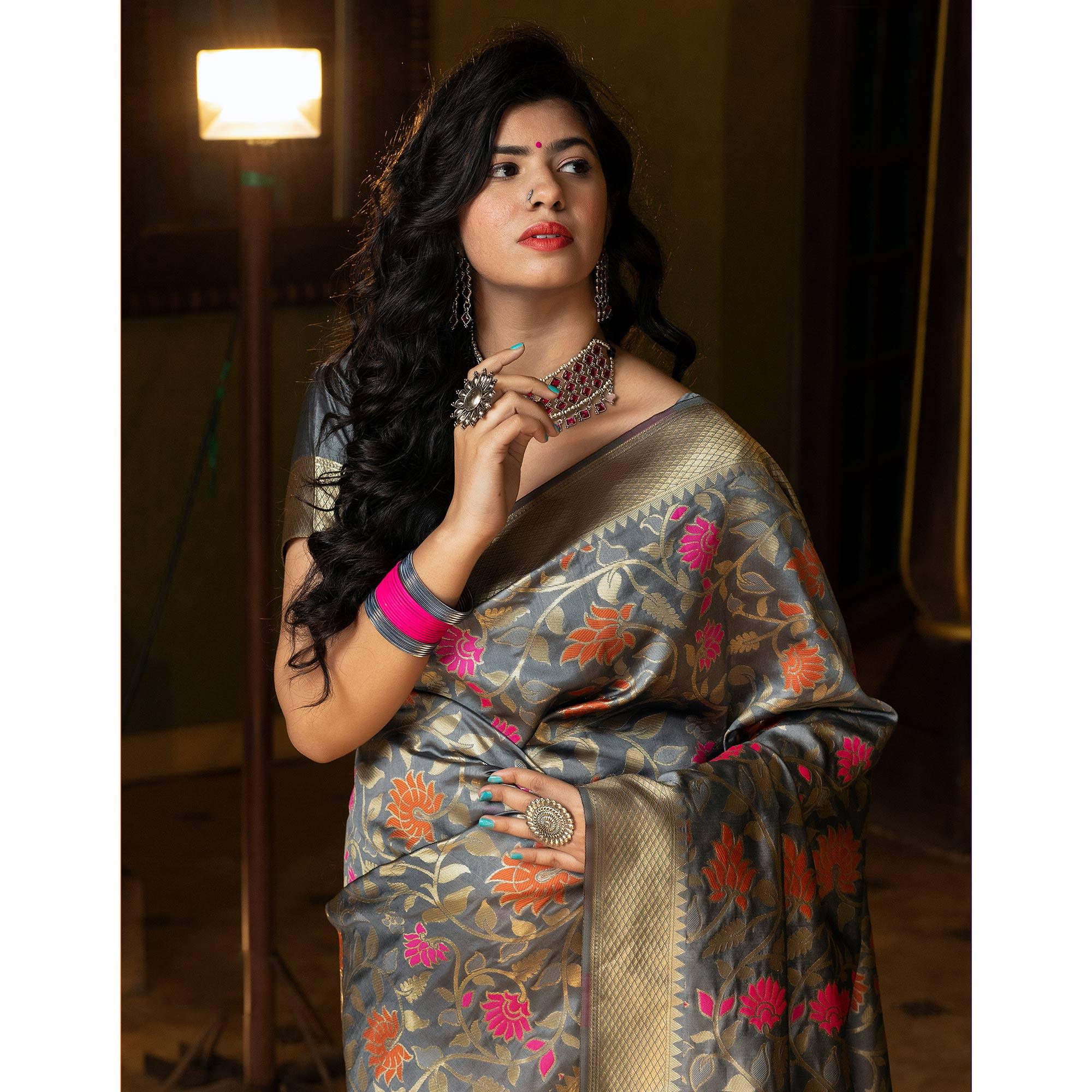 Groovy Grey Coloured Embroidered Partywear Banarasi Silk Saree - Peachmode