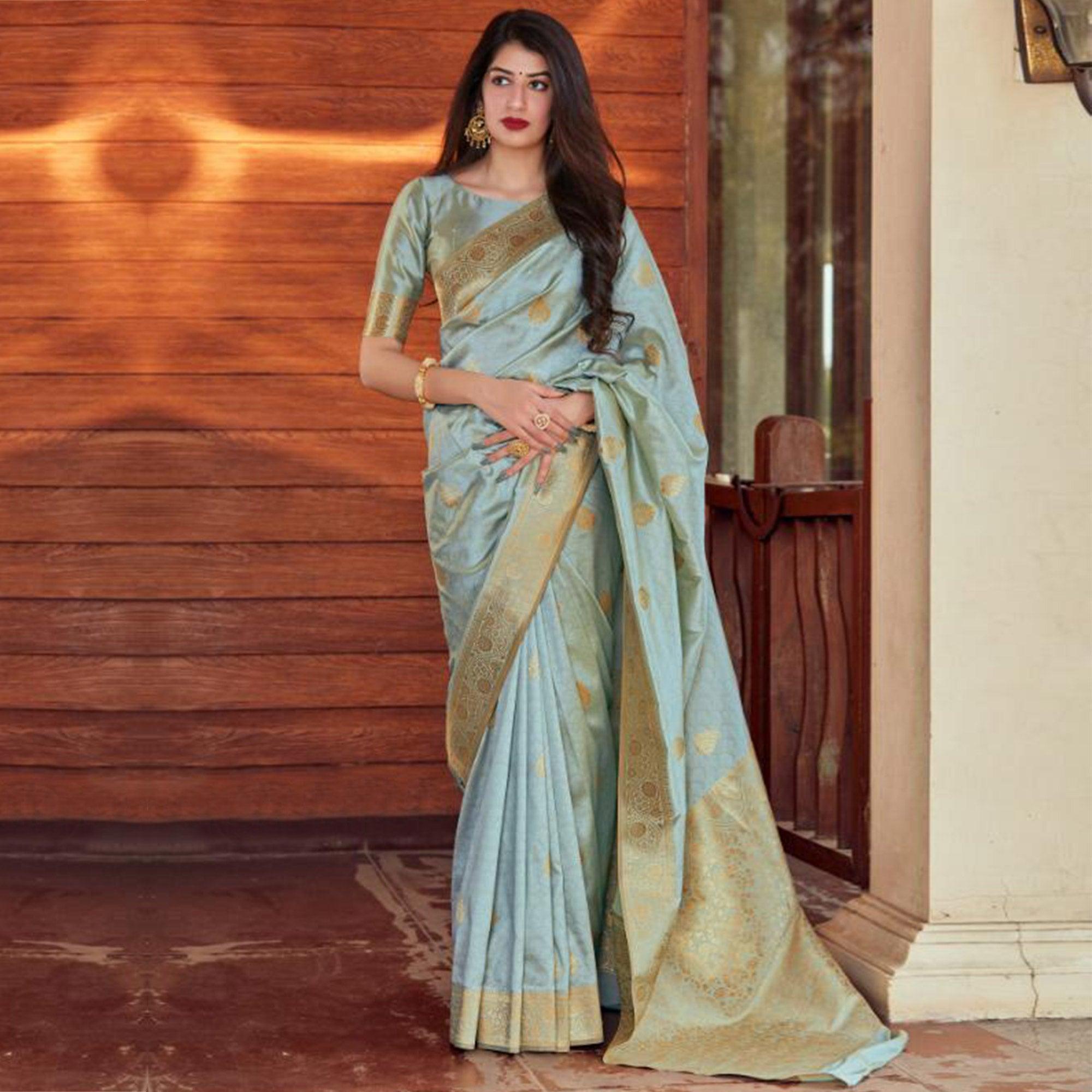 Groovy Grey Coloured Partywear Woven Silk Saree - Peachmode