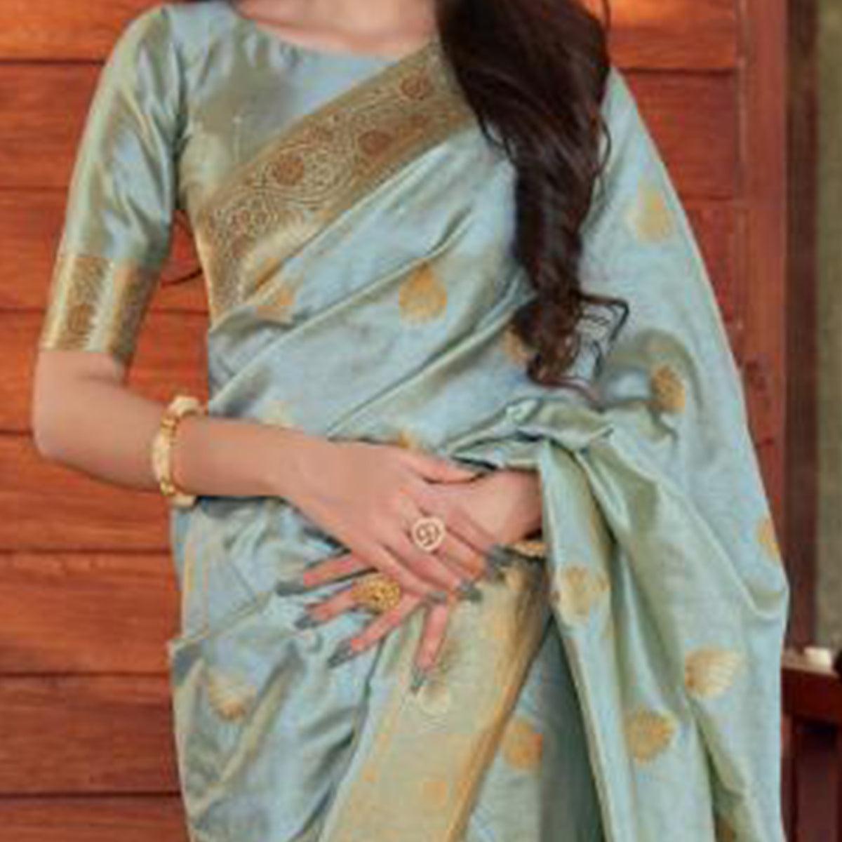 Groovy Grey Coloured Partywear Woven Silk Saree - Peachmode