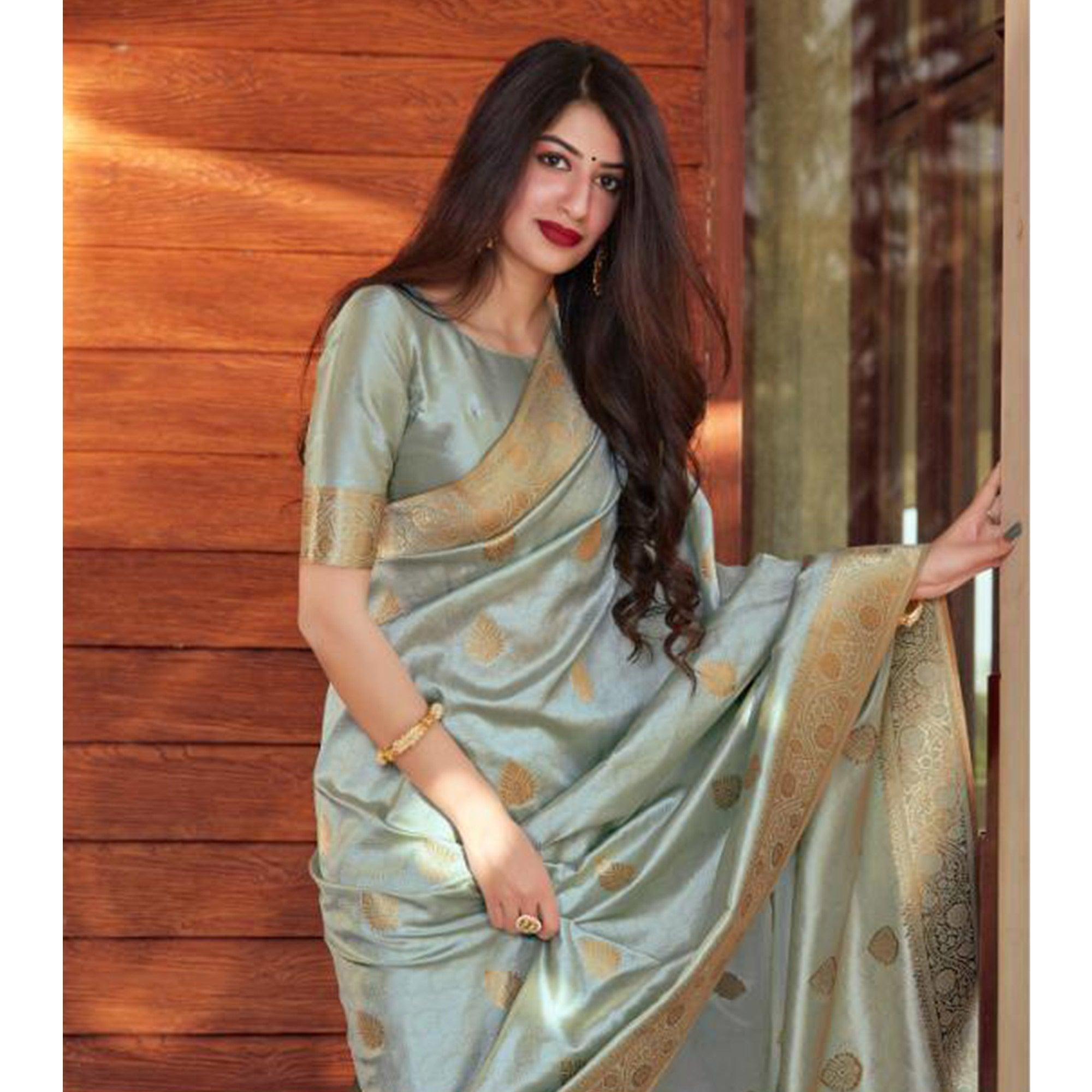 Groovy Grey Coloured Partywear Woven Silk Saree - Peachmode