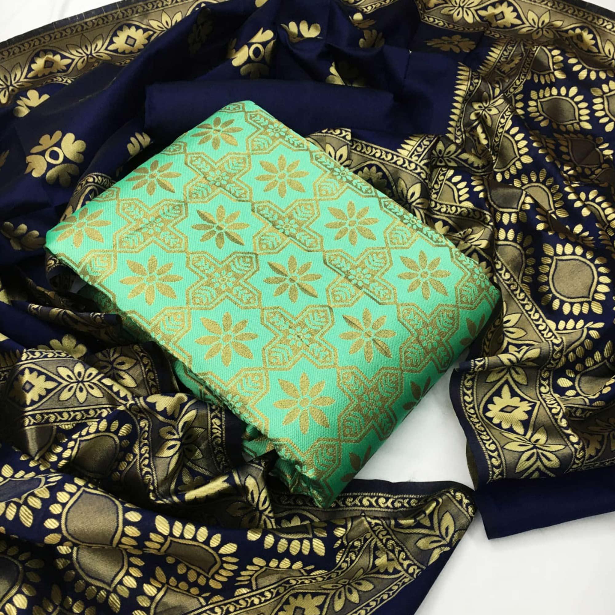 Groovy Light Green Colored Casual Wear Woven Banarasi Silk Dress Material - Peachmode