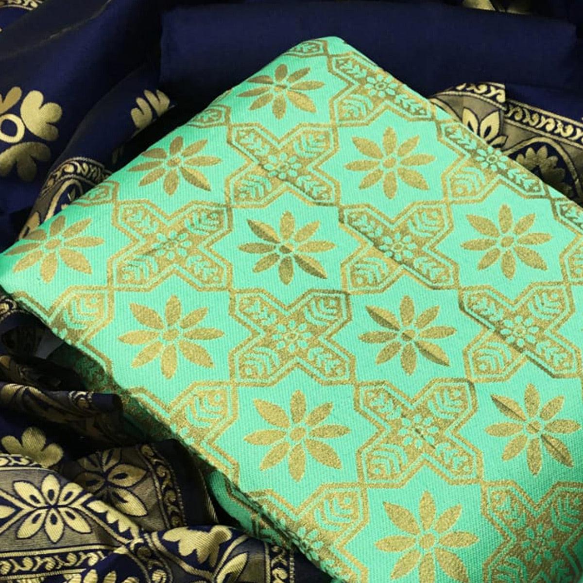 Groovy Light Green Colored Casual Wear Woven Banarasi Silk Dress Material - Peachmode