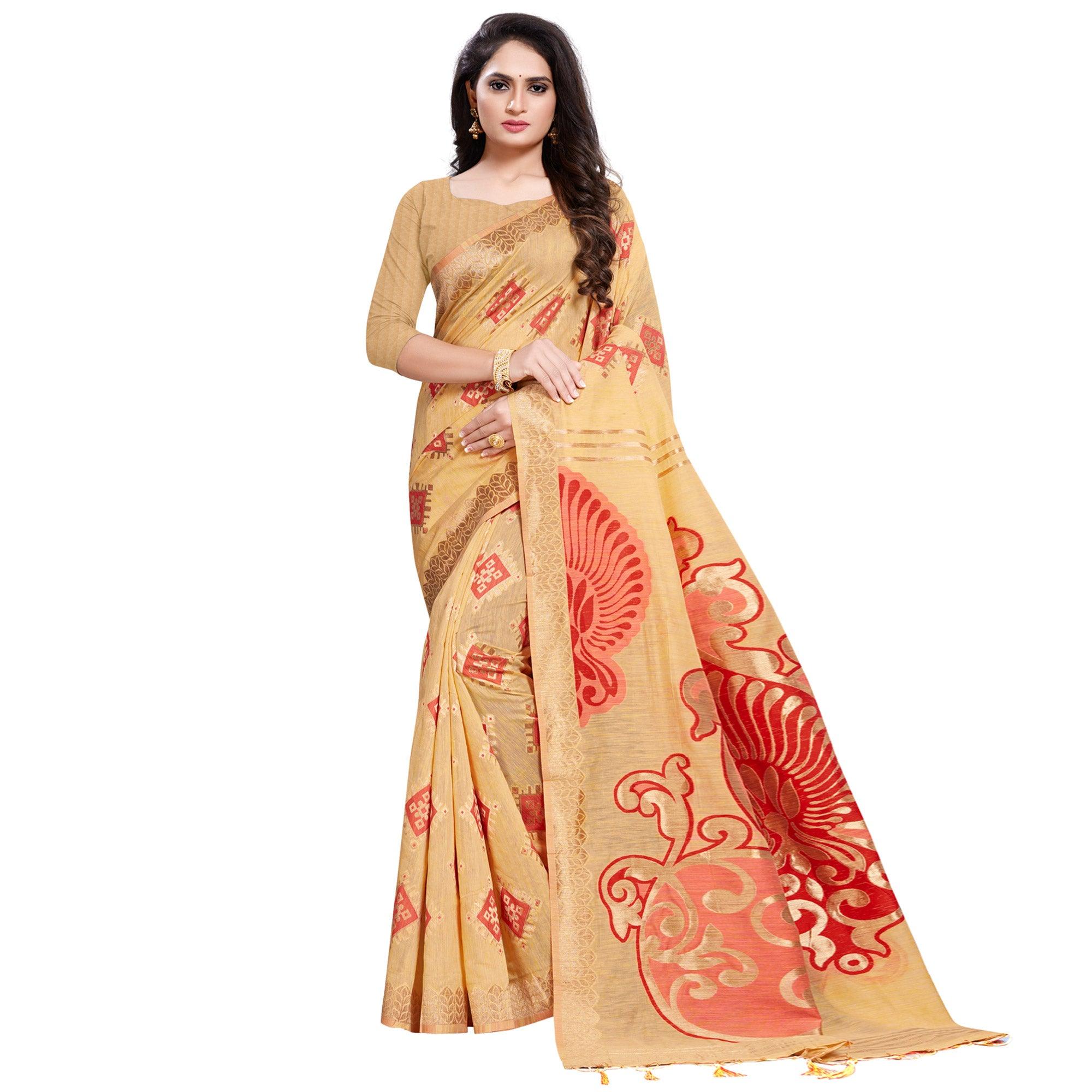Groovy Light Orange Colored Festive Wear Woven Silk Blend Saree With Tassles - Peachmode