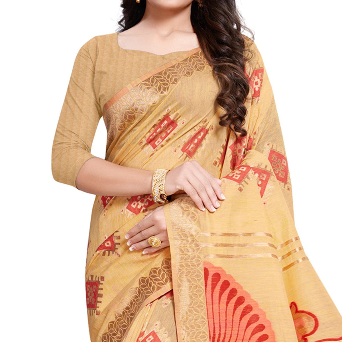 Groovy Light Orange Colored Festive Wear Woven Silk Blend Saree With Tassles - Peachmode