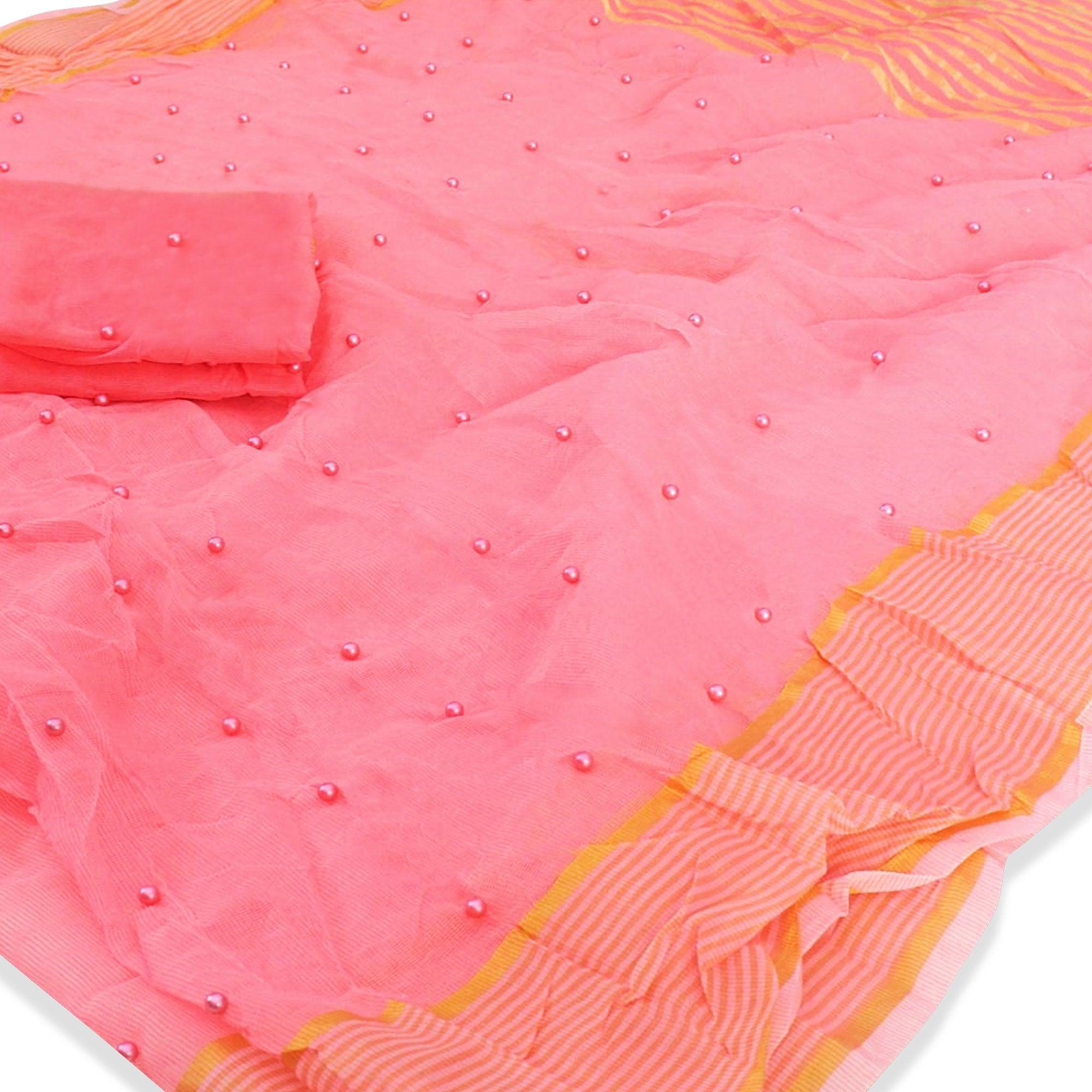 Groovy Light Pink Colored Party Wear Pearl Work Silk Saree - Peachmode