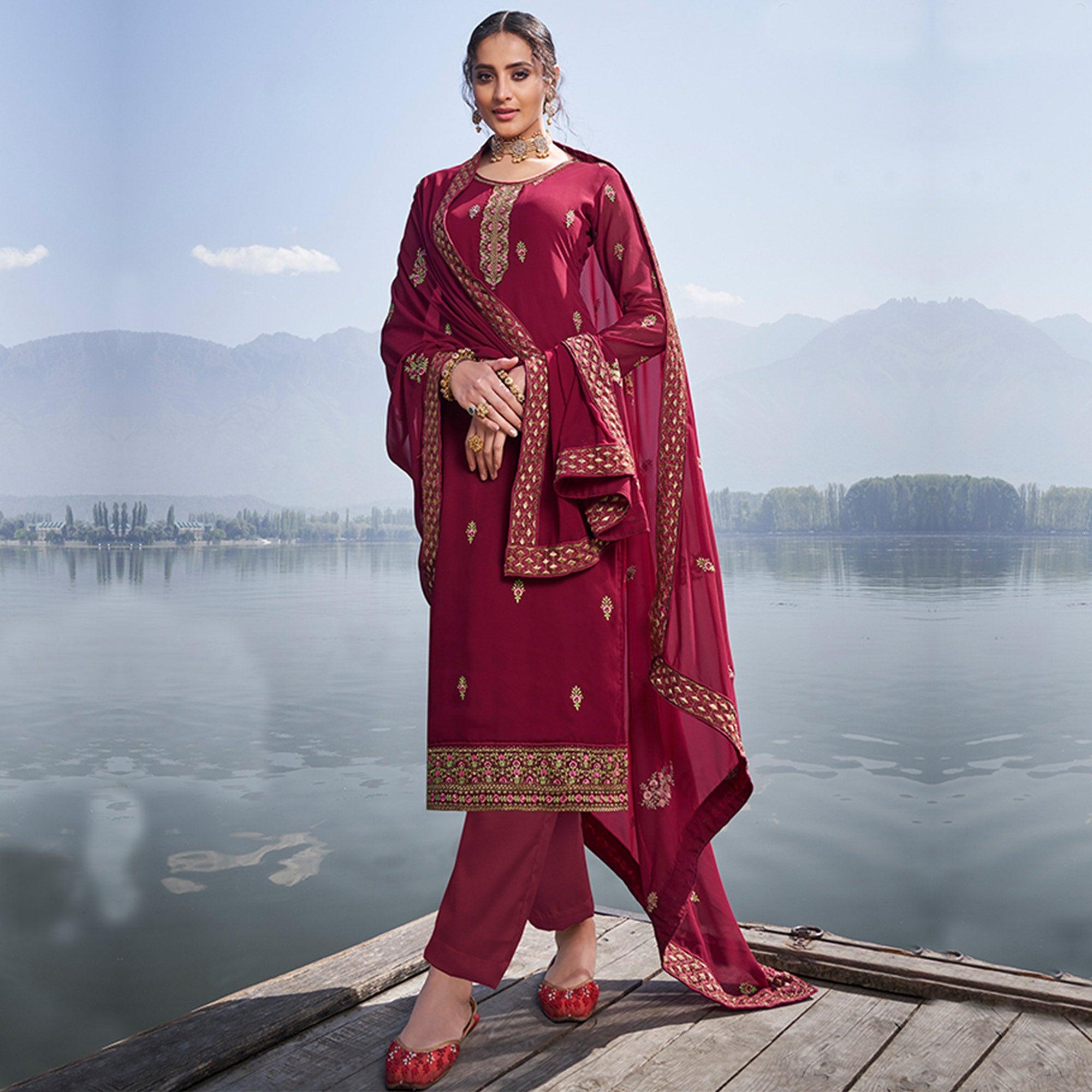 Groovy Maroon Colored Party Wear Floral Embroidered Georgette Suit - Peachmode