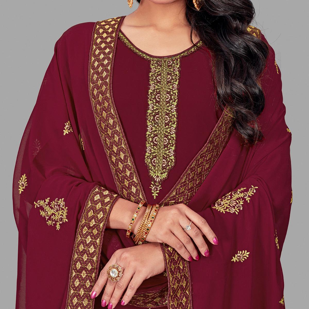 Groovy Maroon Colored Party Wear Floral Embroidered Georgette Suit - Peachmode