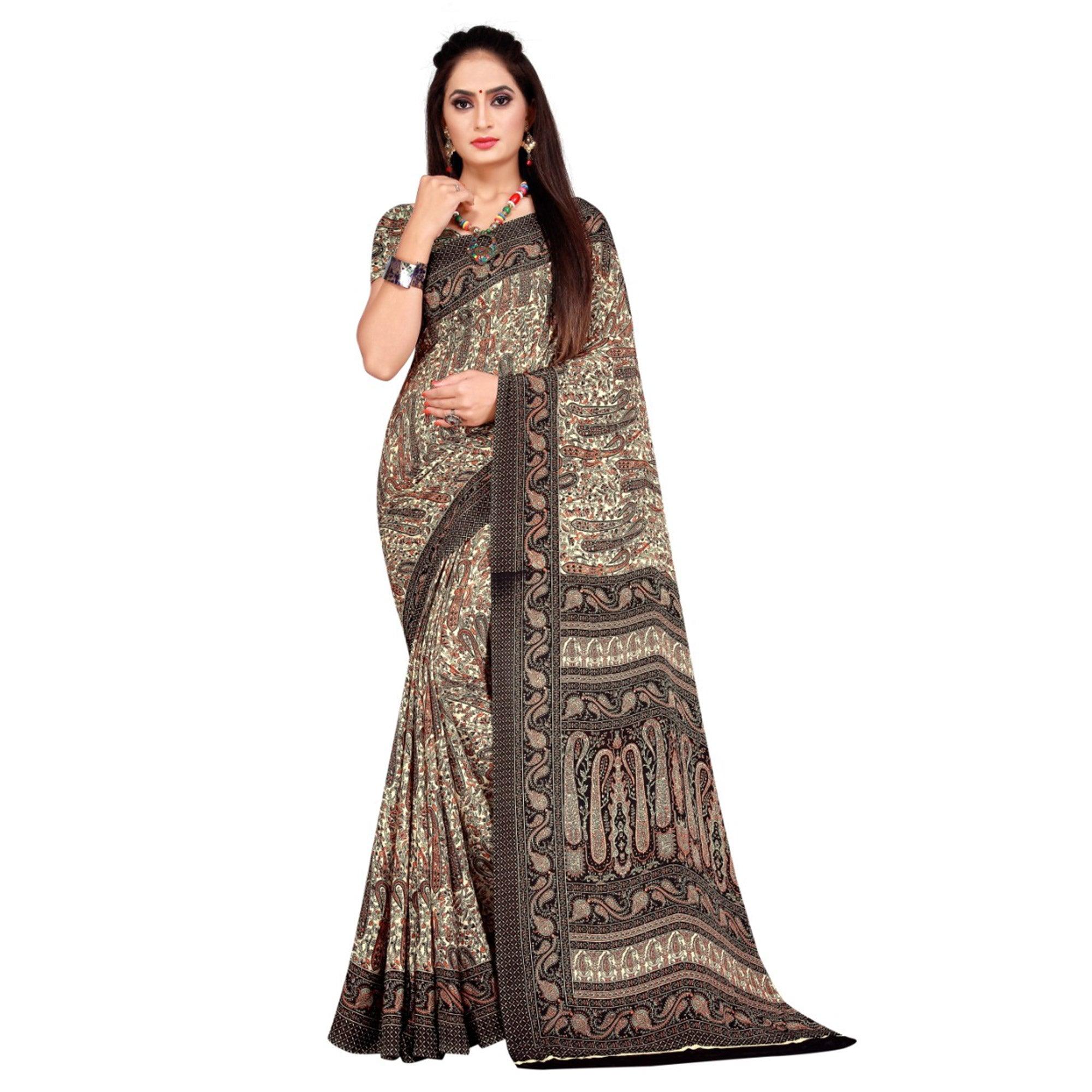 Groovy Multicolor Coloured Casual Wear Printed French Crepe Silk Saree - Peachmode