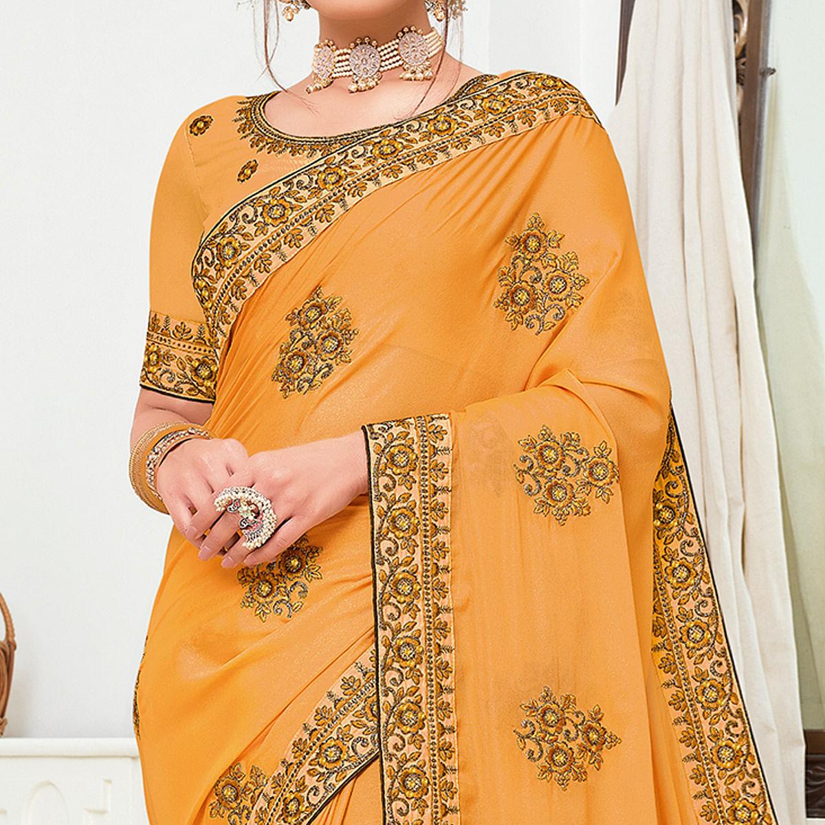 Groovy Mustard Yellow Colored Partywear Embroidered Crepe Georgette Saree - Peachmode