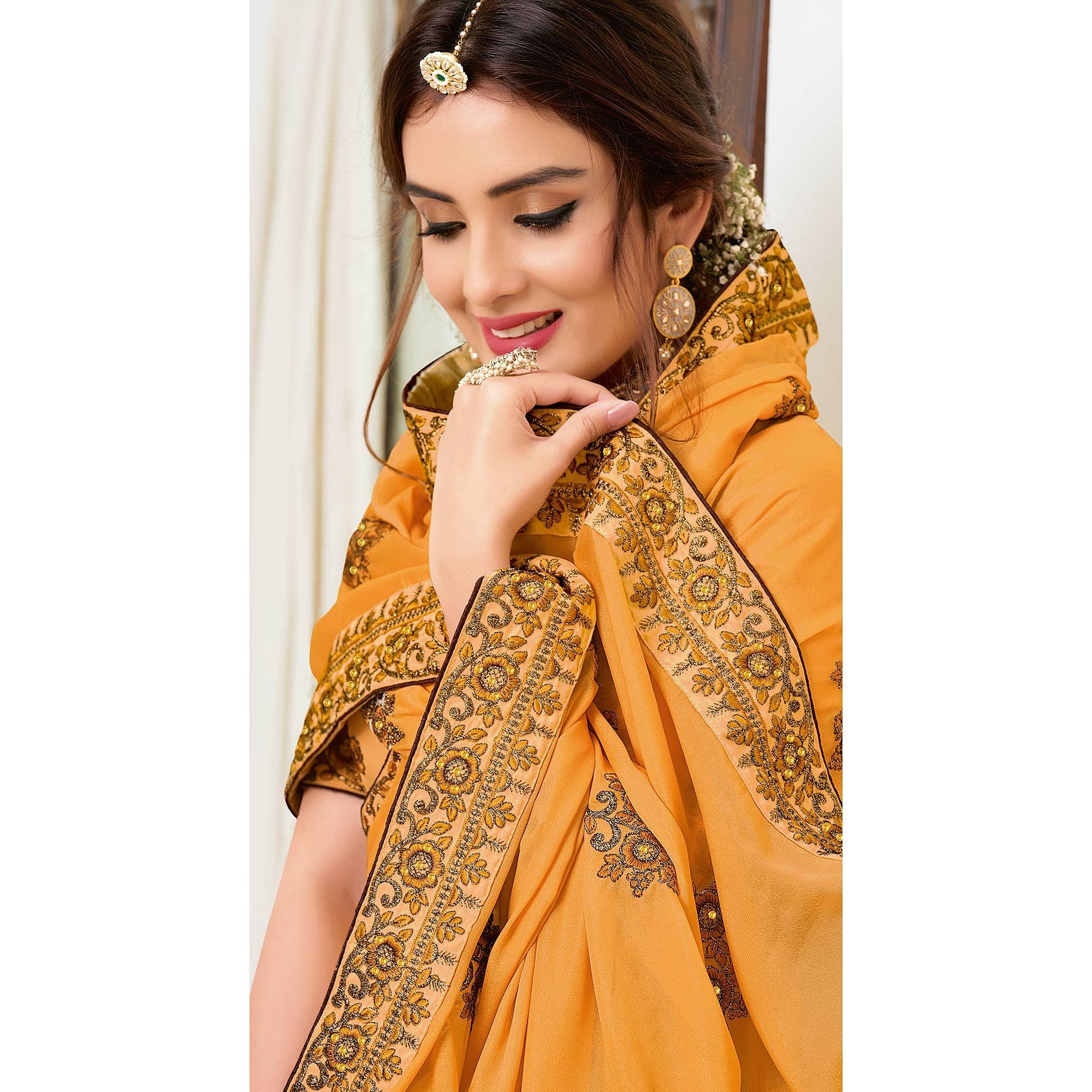 Groovy Mustard Yellow Colored Partywear Embroidered Crepe Georgette Saree - Peachmode
