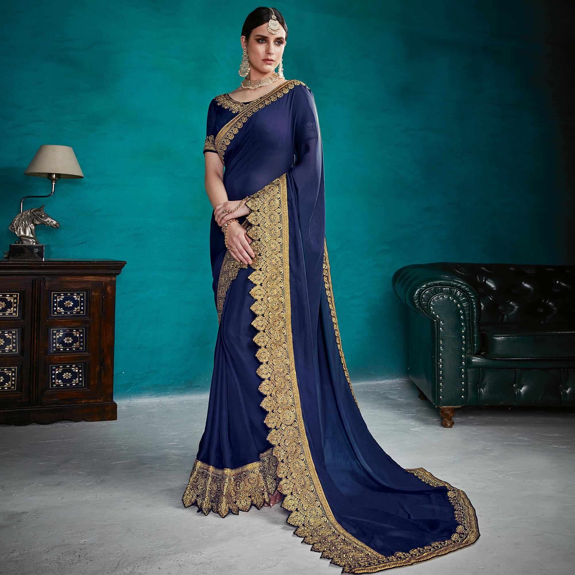 Groovy Navy Blue Colored Partywear Embroidered Rangoli Silk Saree - Peachmode