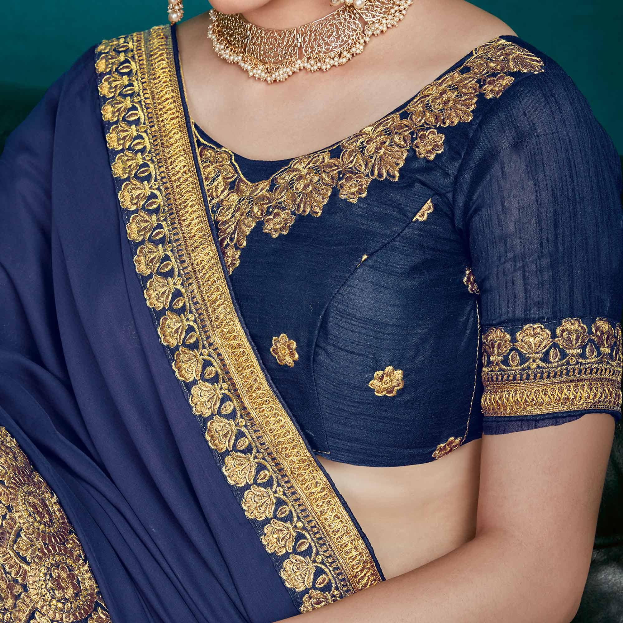 Groovy Navy Blue Colored Partywear Embroidered Rangoli Silk Saree - Peachmode