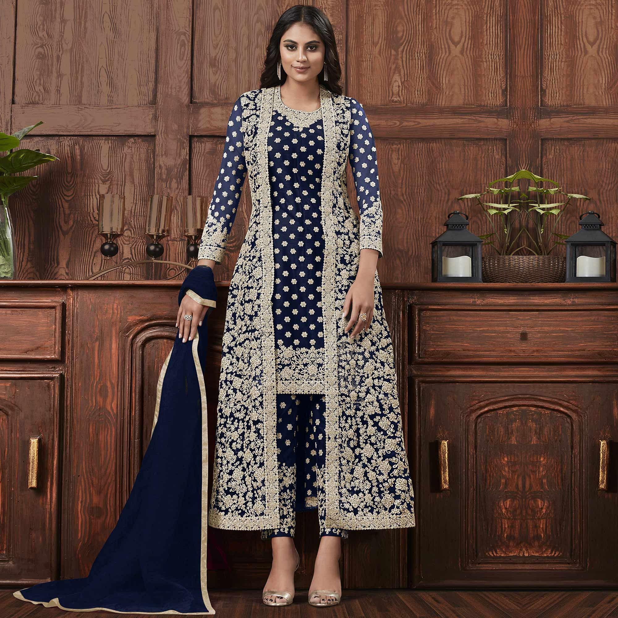 Groovy Navy Blue Coloured Partywear Embroidered Butterfly Net Pakistani Straight Suit - Peachmode