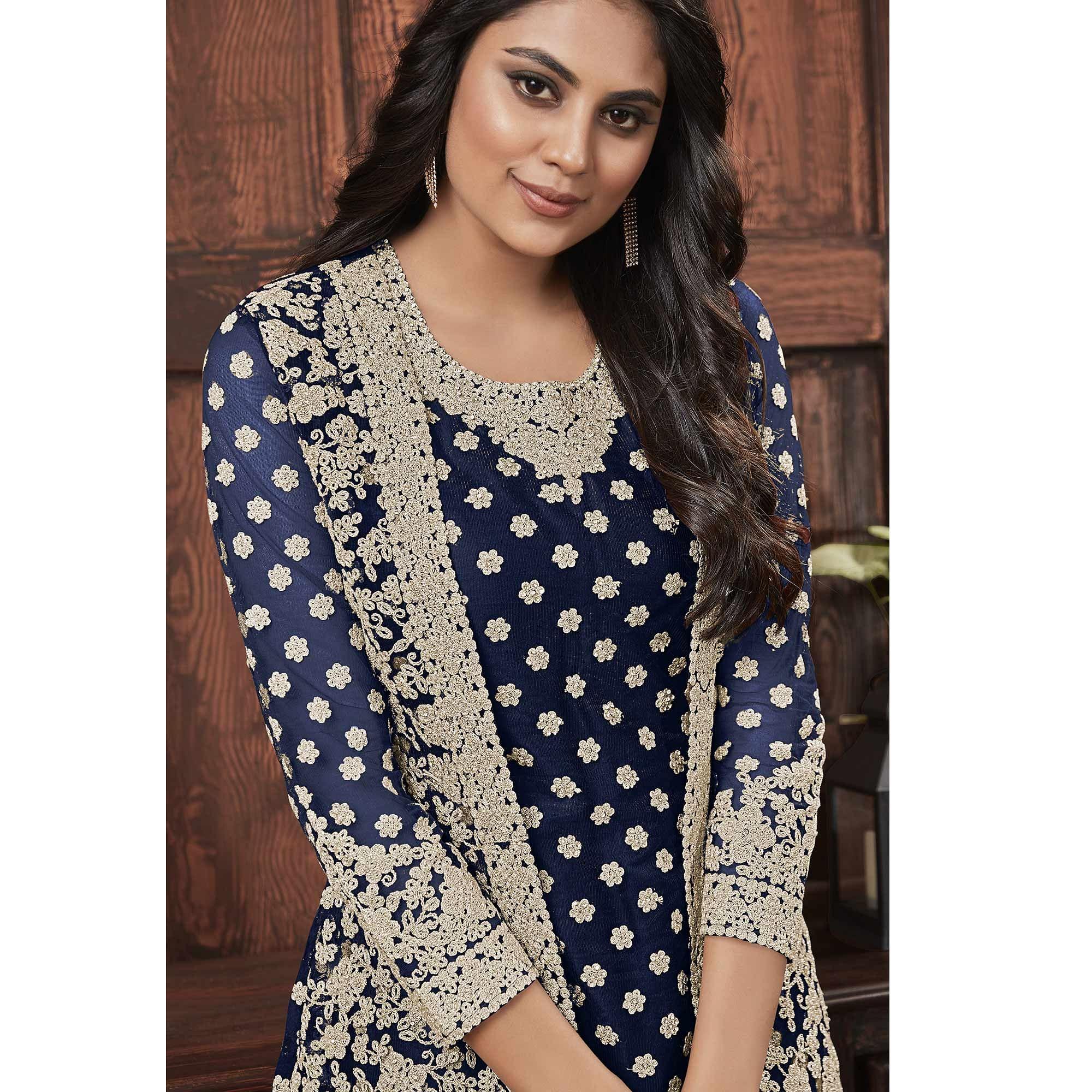 Groovy Navy Blue Coloured Partywear Embroidered Butterfly Net Pakistani Straight Suit - Peachmode