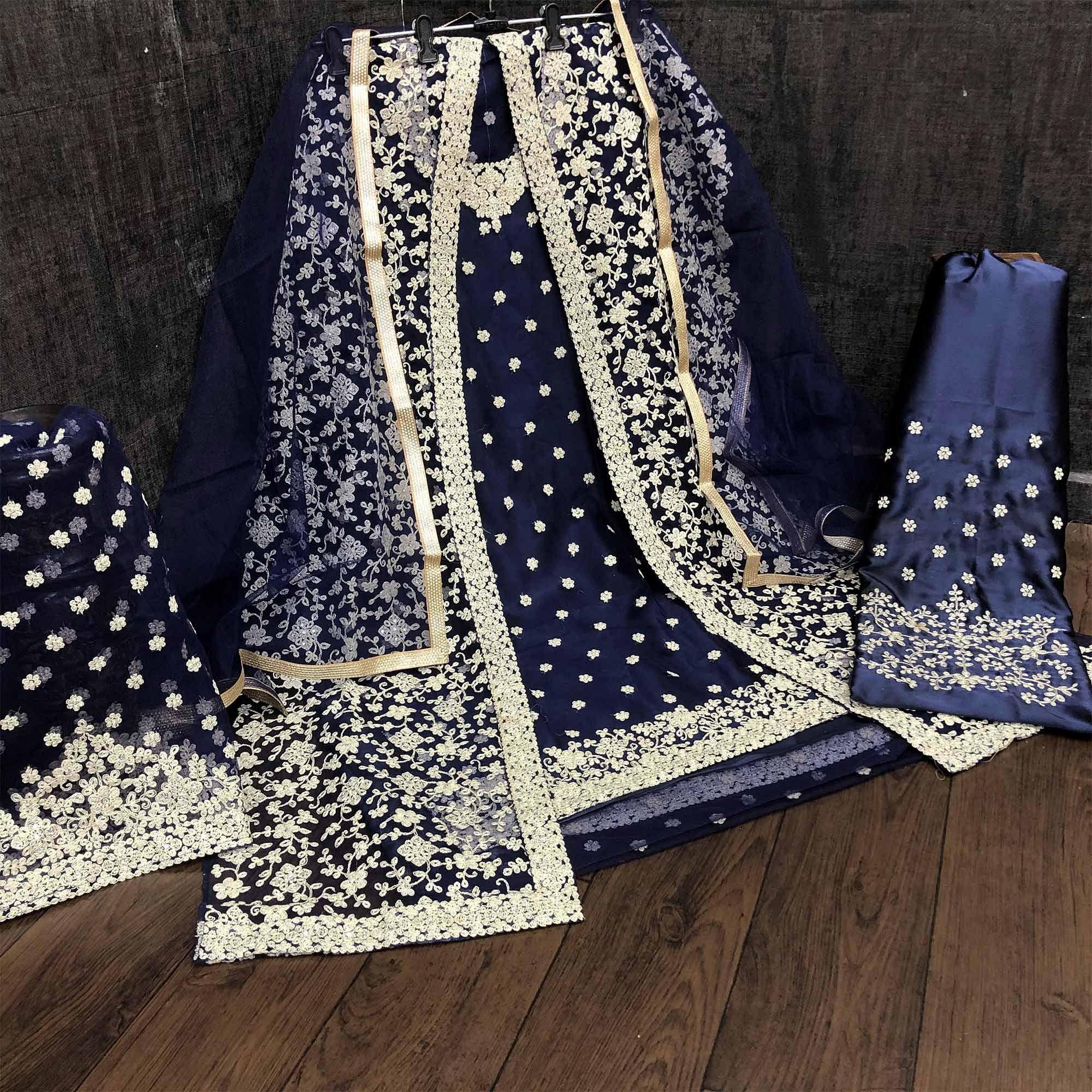 Groovy Navy Blue Coloured Partywear Embroidered Butterfly Net Pakistani Straight Suit - Peachmode