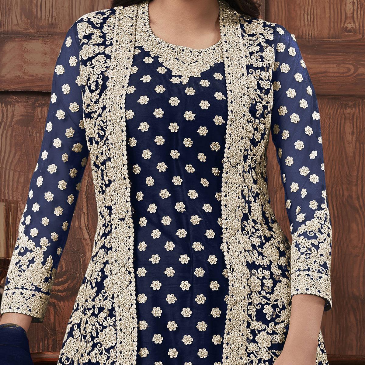 Groovy Navy Blue Coloured Partywear Embroidered Butterfly Net Pakistani Straight Suit - Peachmode