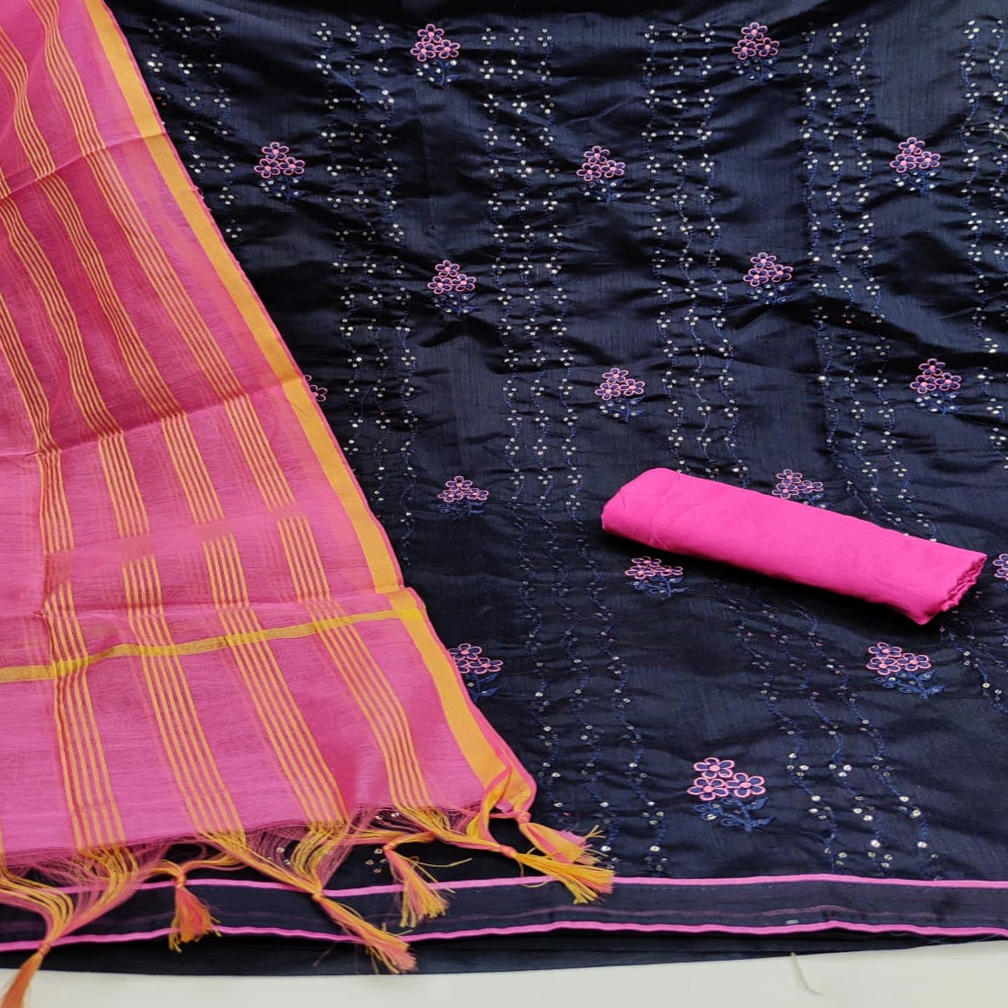 Groovy Navy Blue - Pink Colored Casual Wear Embroidered Chanderi Dress Material - Peachmode