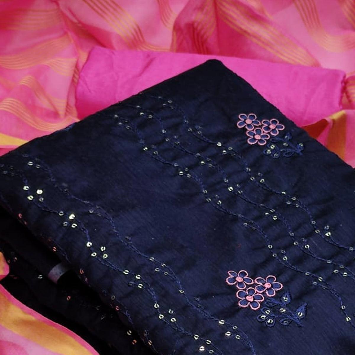 Groovy Navy Blue - Pink Colored Casual Wear Embroidered Chanderi Dress Material - Peachmode