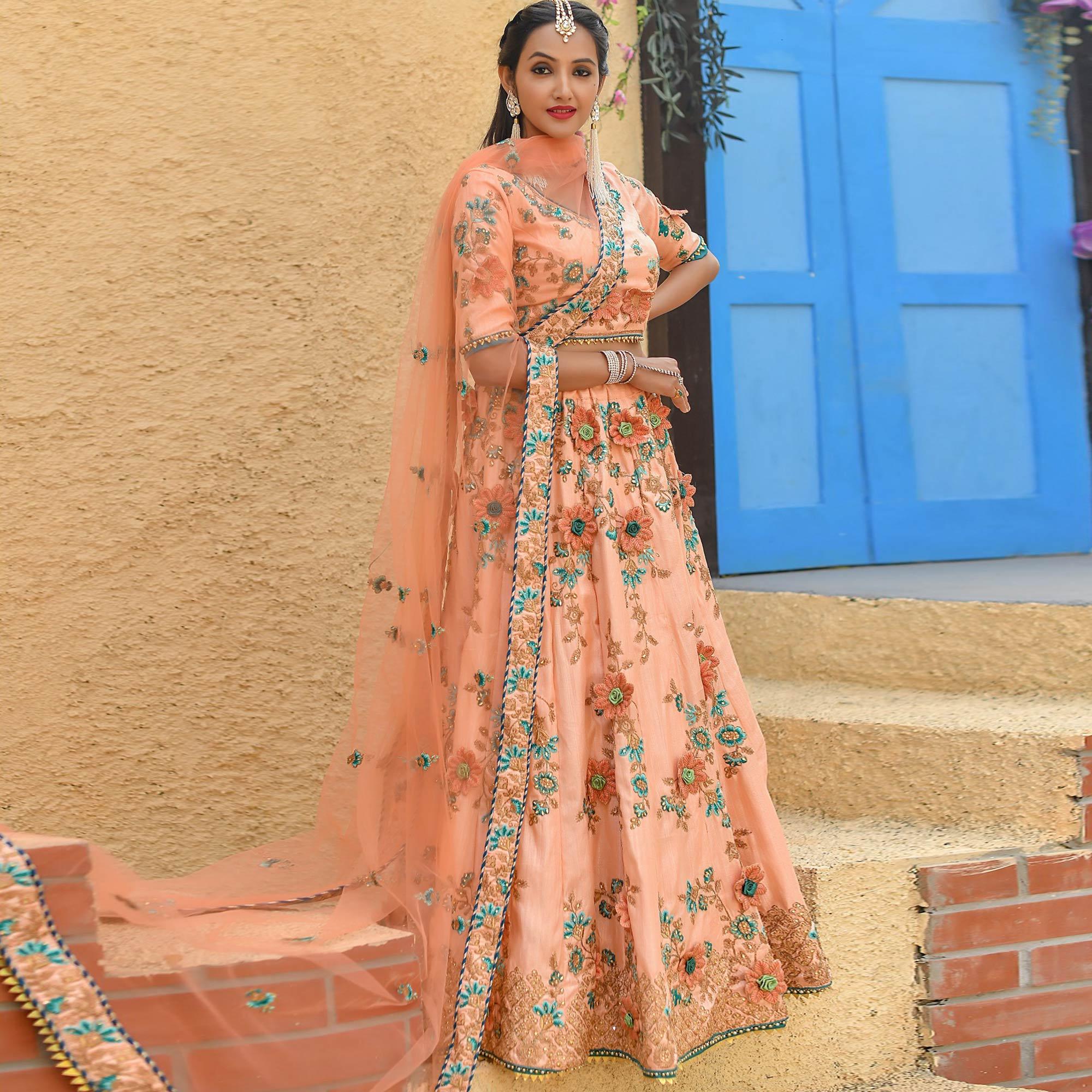 Groovy Peach Colored Partywear Embroidered Silk Lehenga Choli - Peachmode