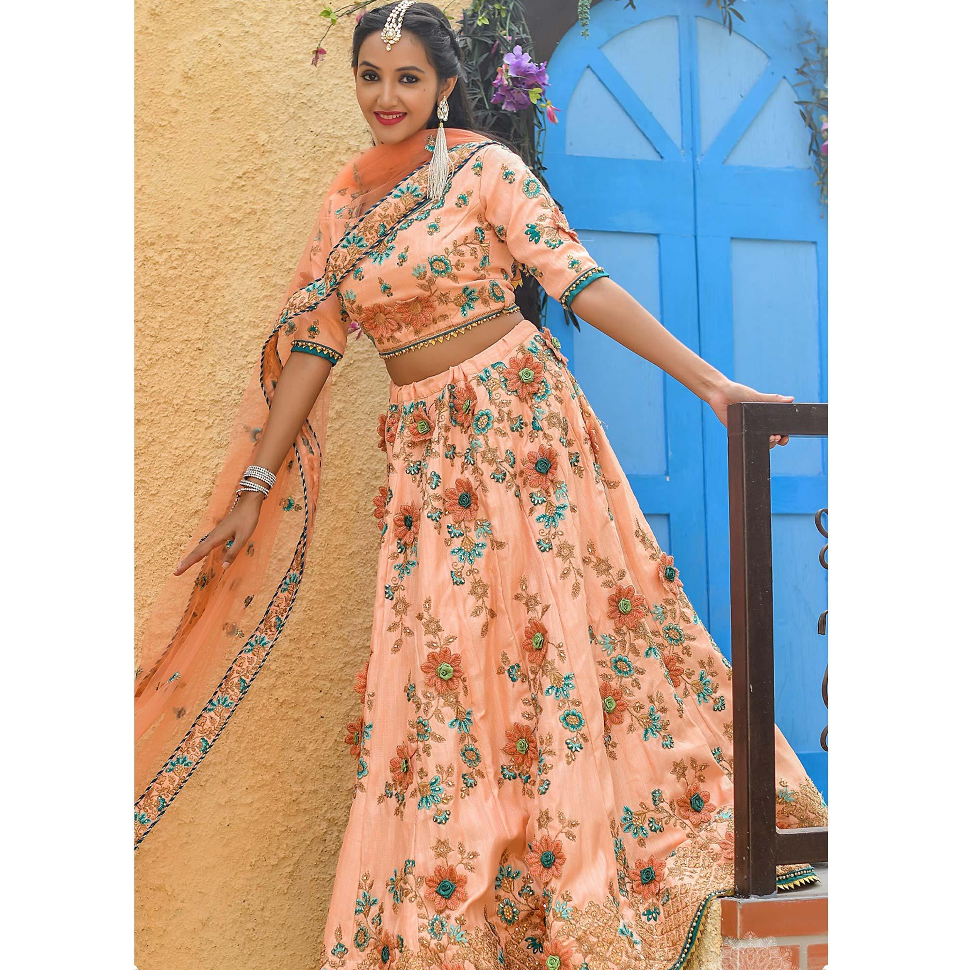 Groovy Peach Colored Partywear Embroidered Silk Lehenga Choli - Peachmode