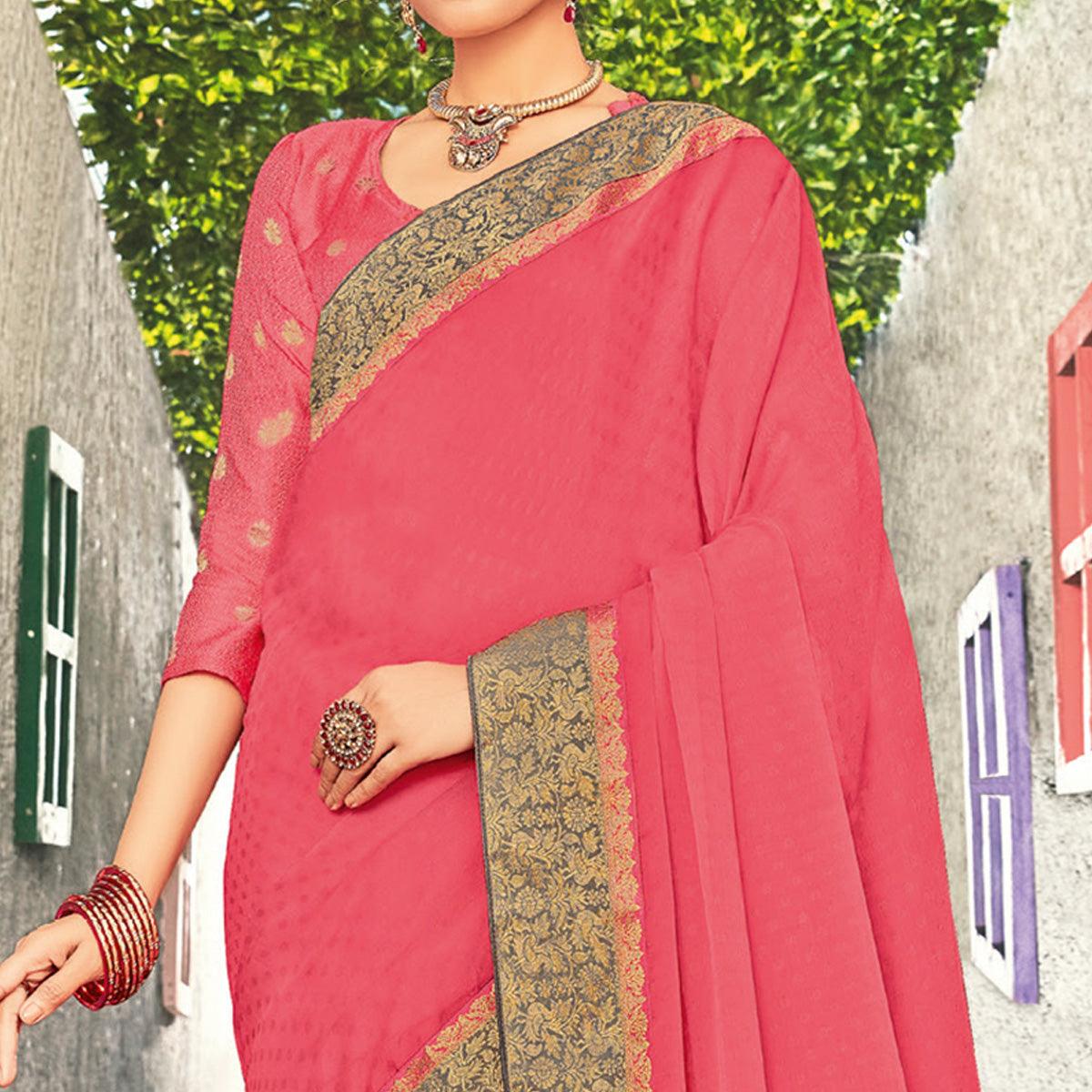 Groovy Peach Coloured Party Wear Embroidered Chiffon Saree - Peachmode