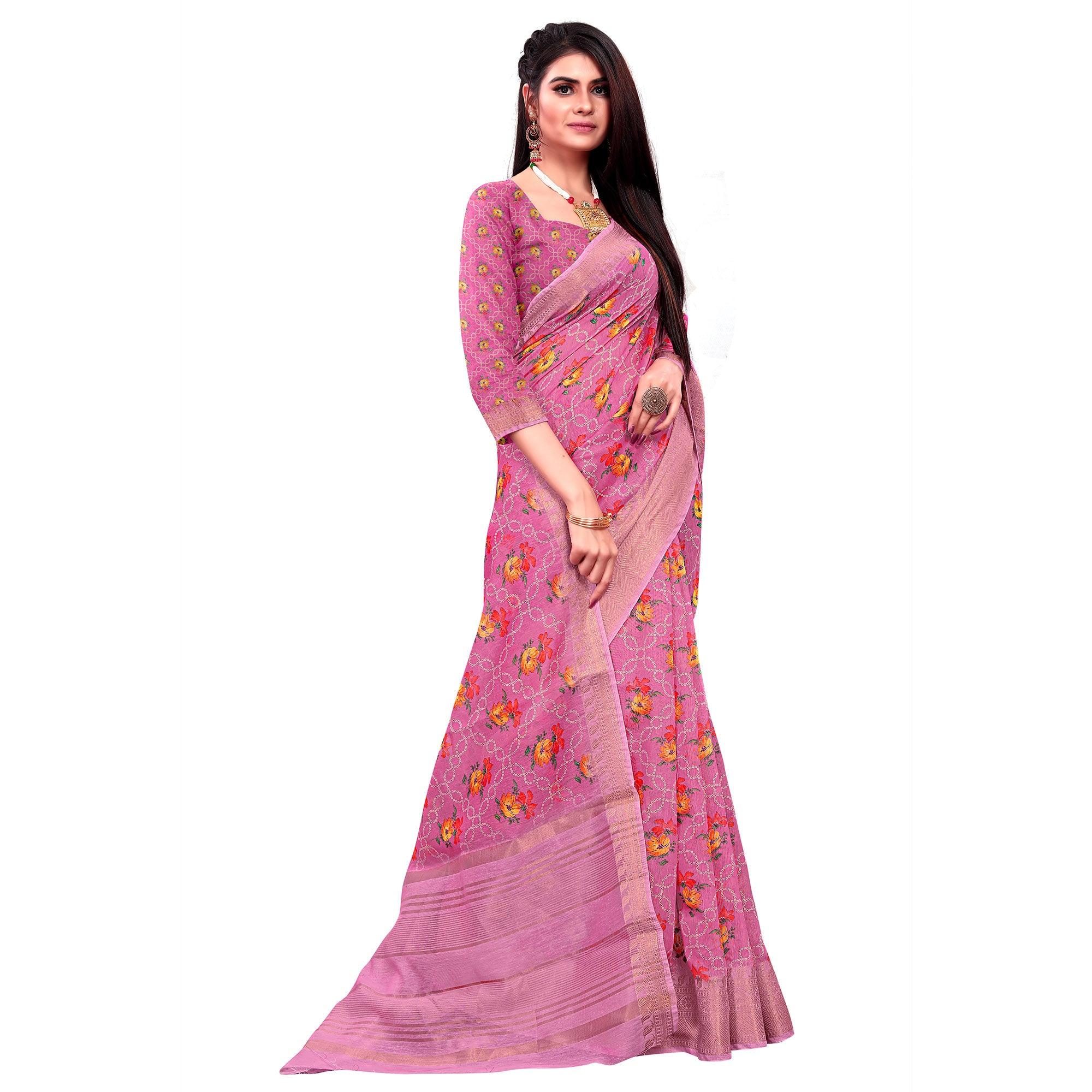 Groovy Pink Colored Festive Wear Woven Banarasi Silk Saree - Peachmode