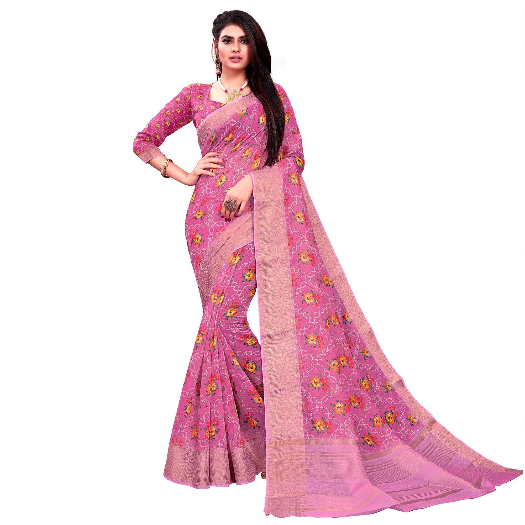 Groovy Pink Colored Festive Wear Woven Banarasi Silk Saree - Peachmode