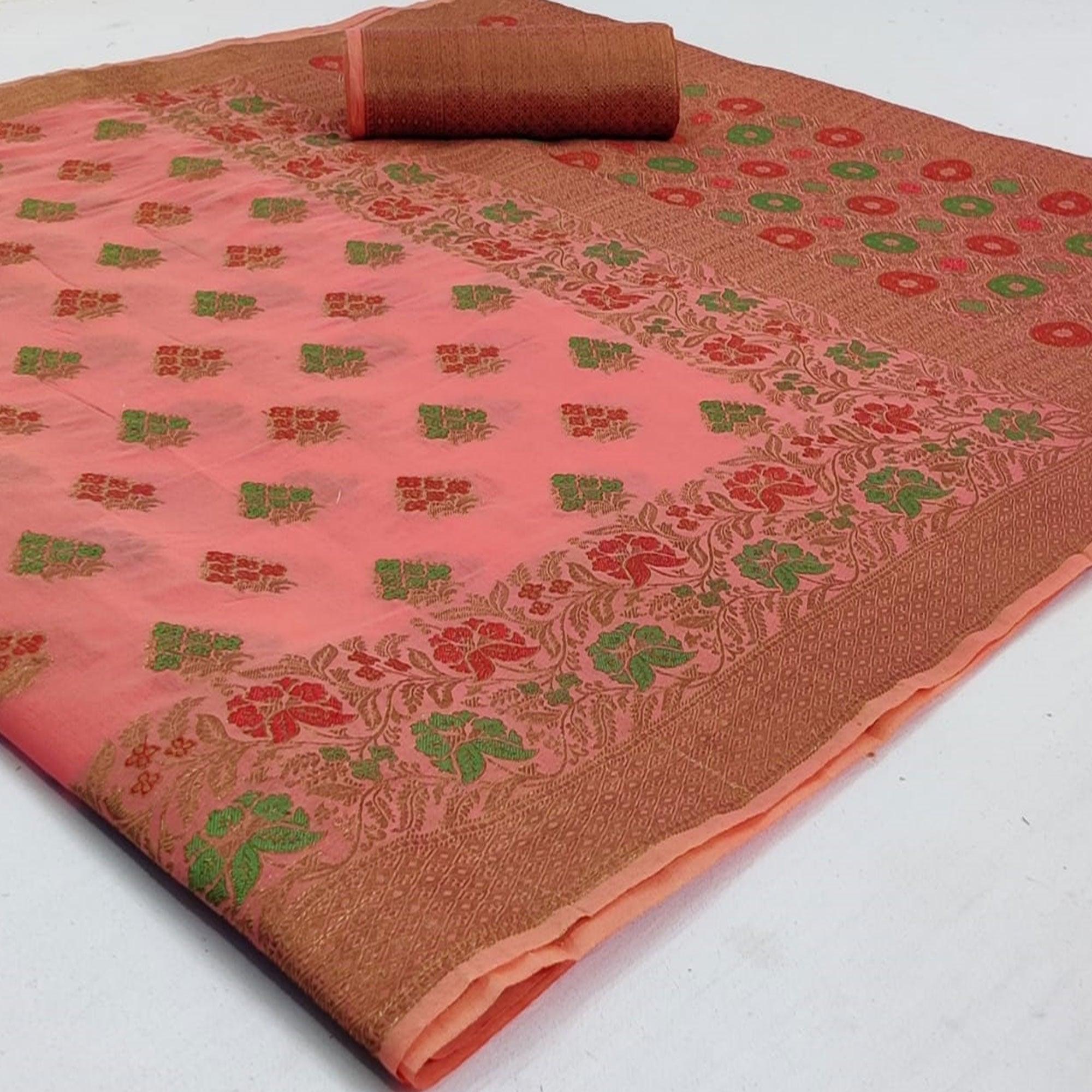 Groovy Pink Colored Festive Wear Woven Cotton Saree - Peachmode
