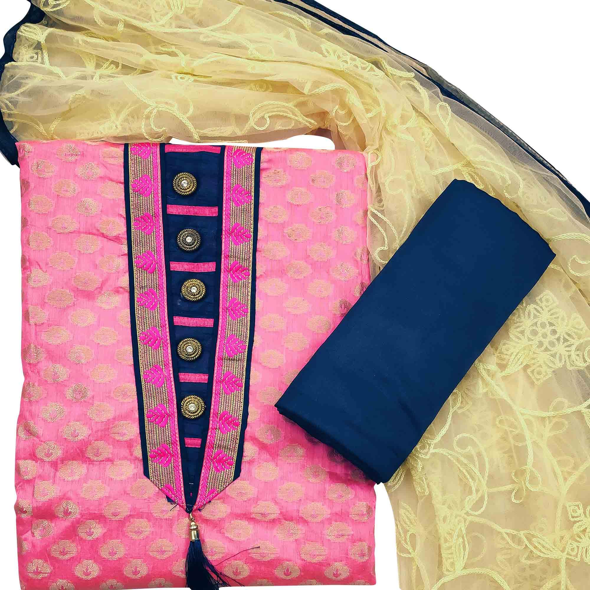 Groovy Pink Colored Festive Wear Woven Heavy Banarasi Silk Dress Material - Peachmode