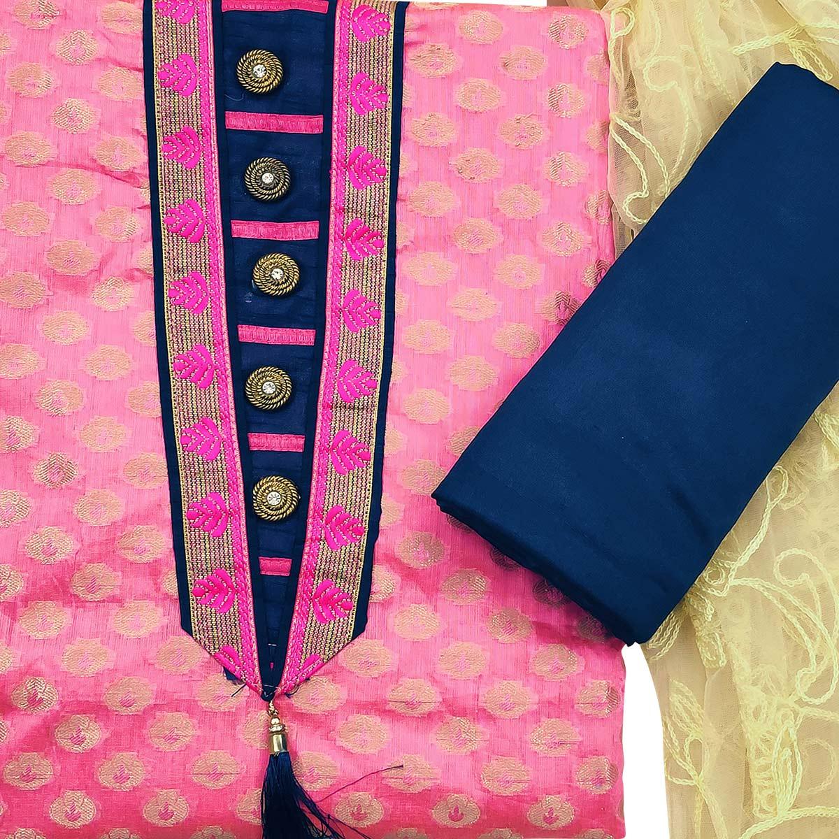 Groovy Pink Colored Festive Wear Woven Heavy Banarasi Silk Dress Material - Peachmode