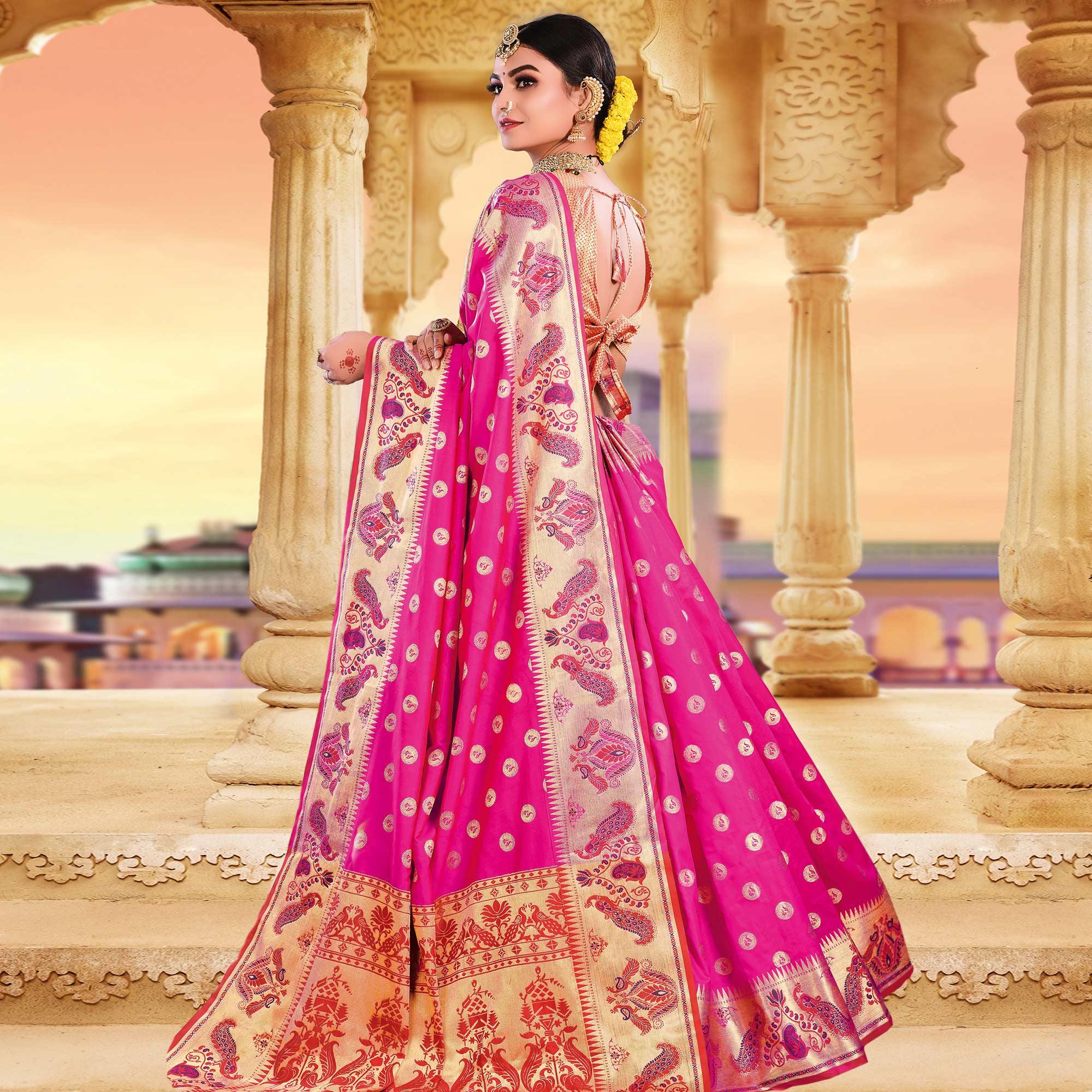Groovy Pink Colored Festive Wear Woven Silk Saree - Peachmode
