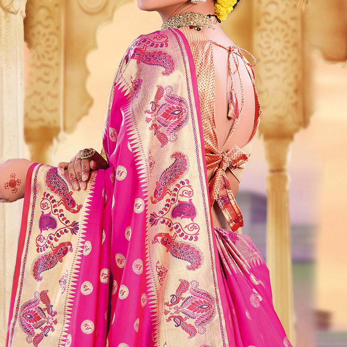 Groovy Pink Colored Festive Wear Woven Silk Saree - Peachmode