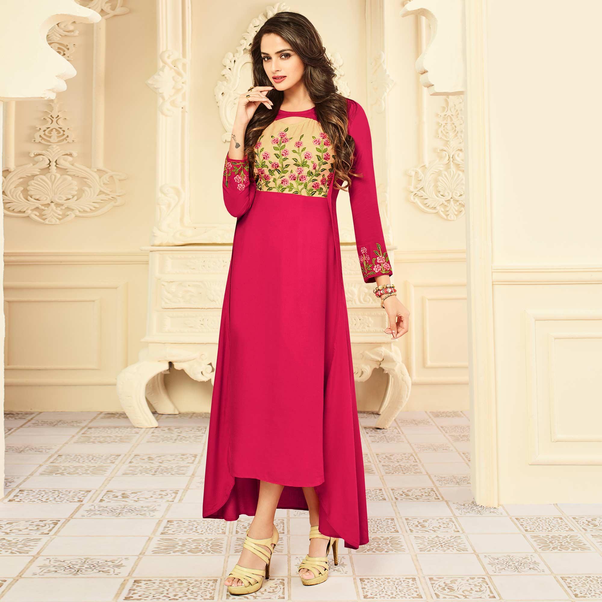 Groovy Pink Colored Party Wear Floral Embroidered Rayon Kurti - Peachmode