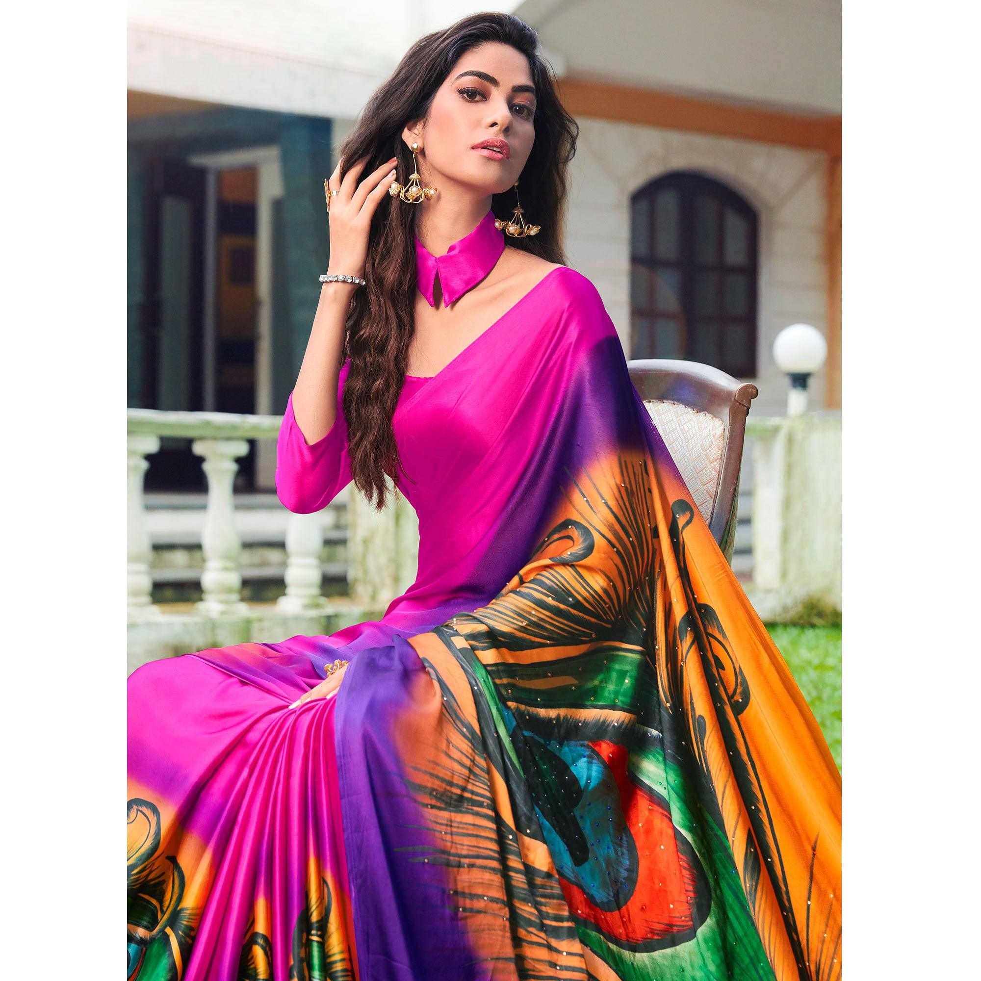 Groovy Pink Colored Party Wear Printed Silk Saree - Peachmode